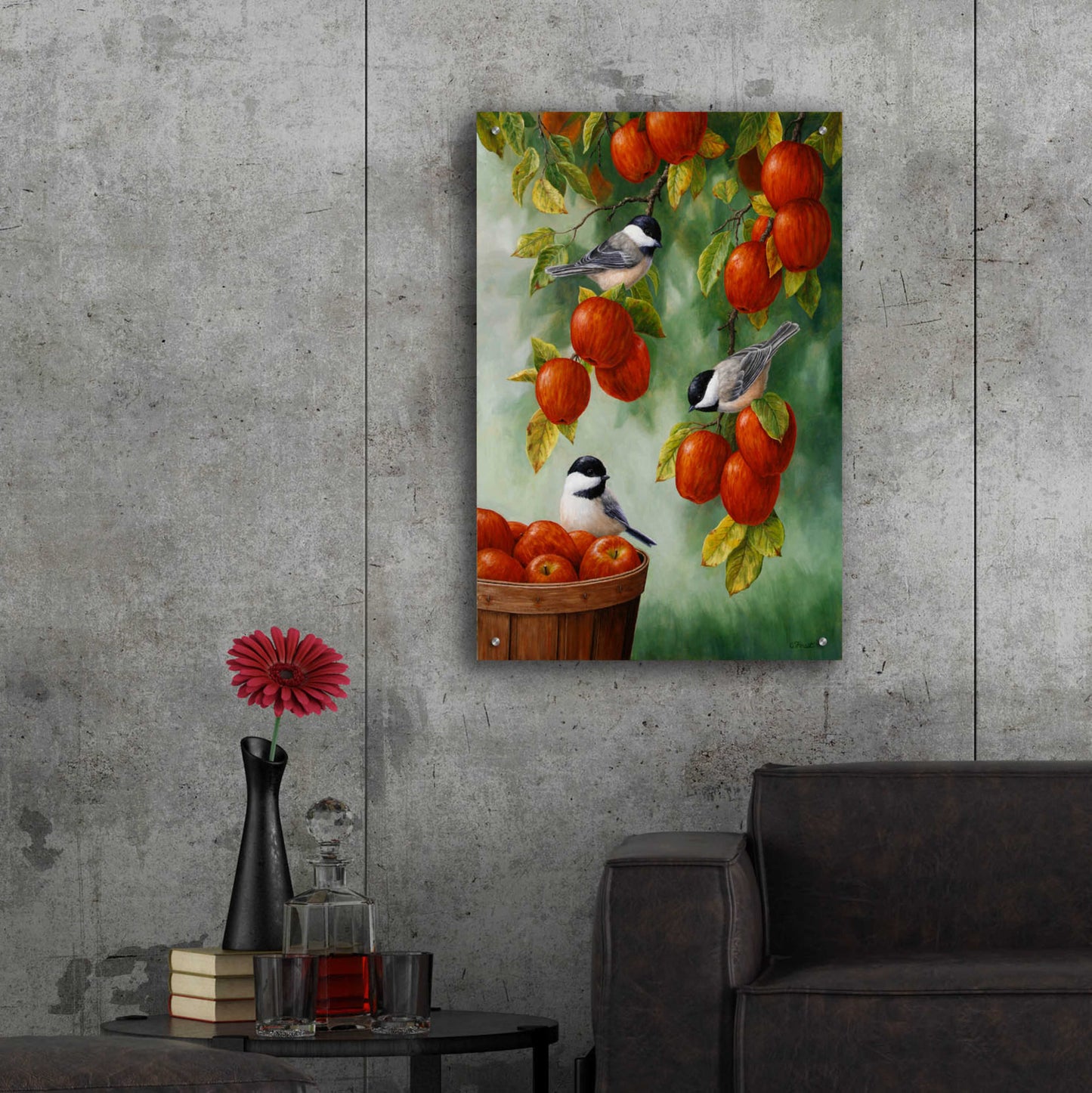 Epic Art 'Apple Harvest Chickadees' by Crista Forest, Acrylic Glass Wall Art,24x36