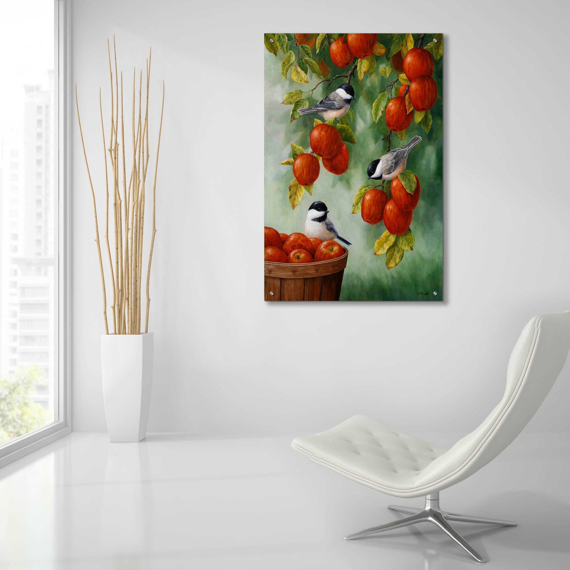 Epic Art 'Apple Harvest Chickadees' by Crista Forest, Acrylic Glass Wall Art,24x36