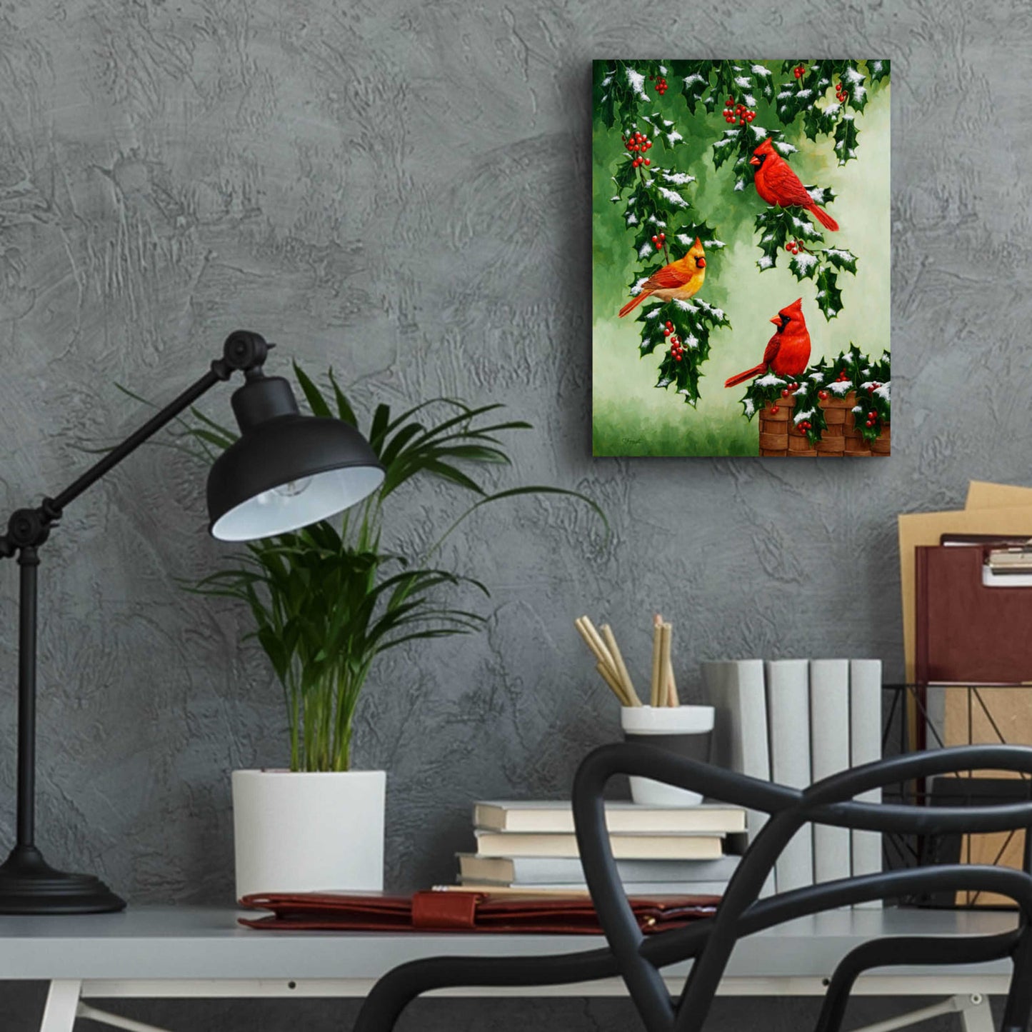 Epic Art 'Cardinals Hollies with Snow' by Crista Forest, Acrylic Glass Wall Art,12x16