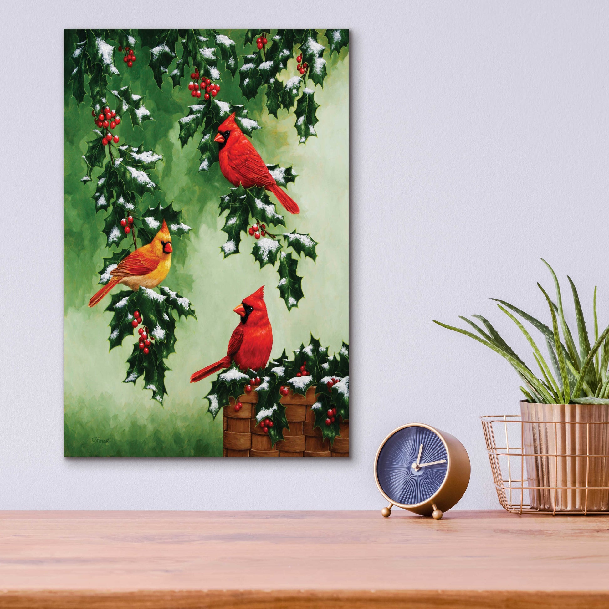 Epic Art 'Cardinals Hollies with Snow' by Crista Forest, Acrylic Glass Wall Art,12x16