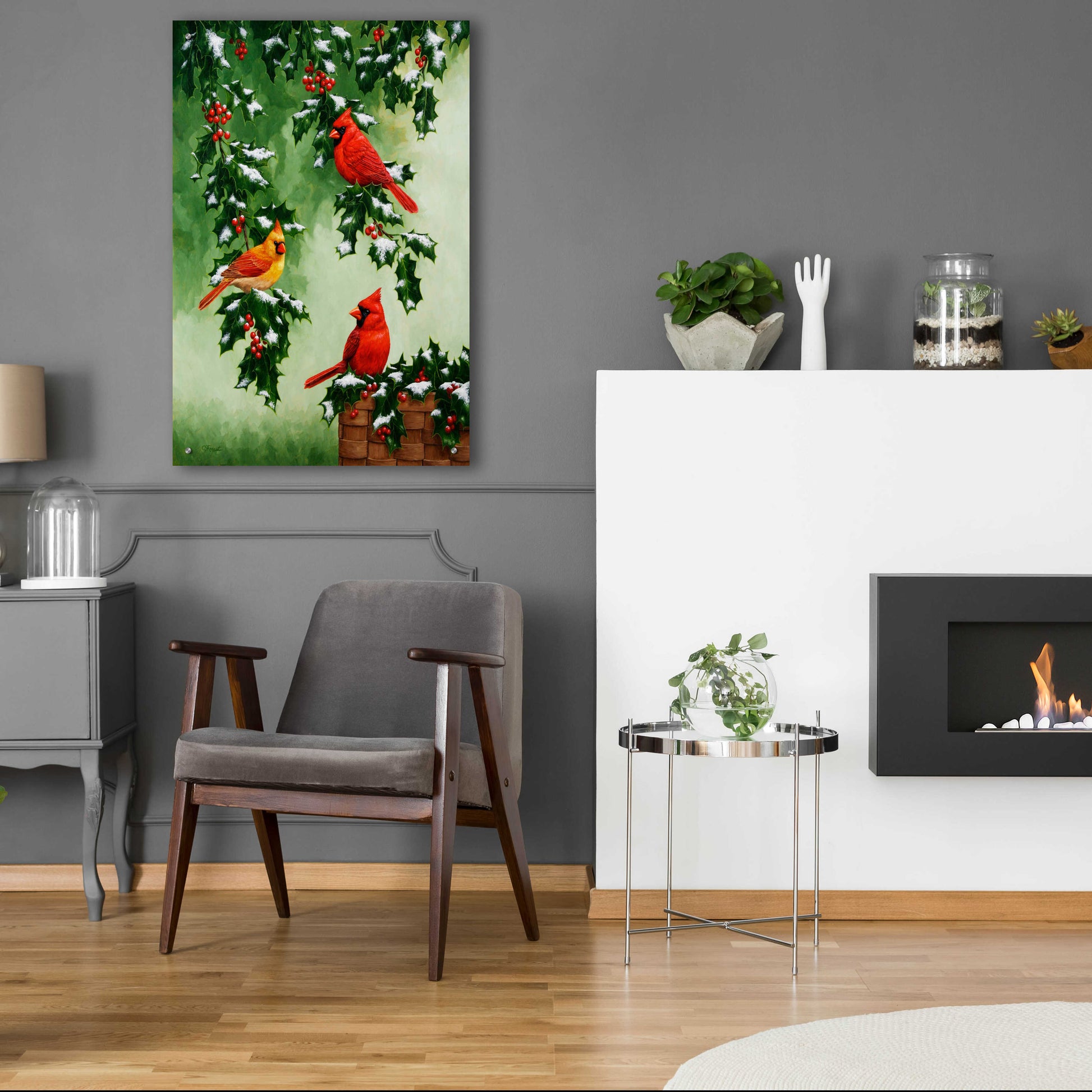 Epic Art 'Cardinals Hollies with Snow' by Crista Forest, Acrylic Glass Wall Art,24x36