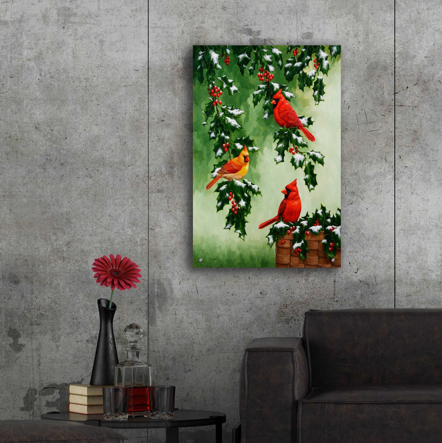 Epic Art 'Cardinals Hollies with Snow' by Crista Forest, Acrylic Glass Wall Art,24x36