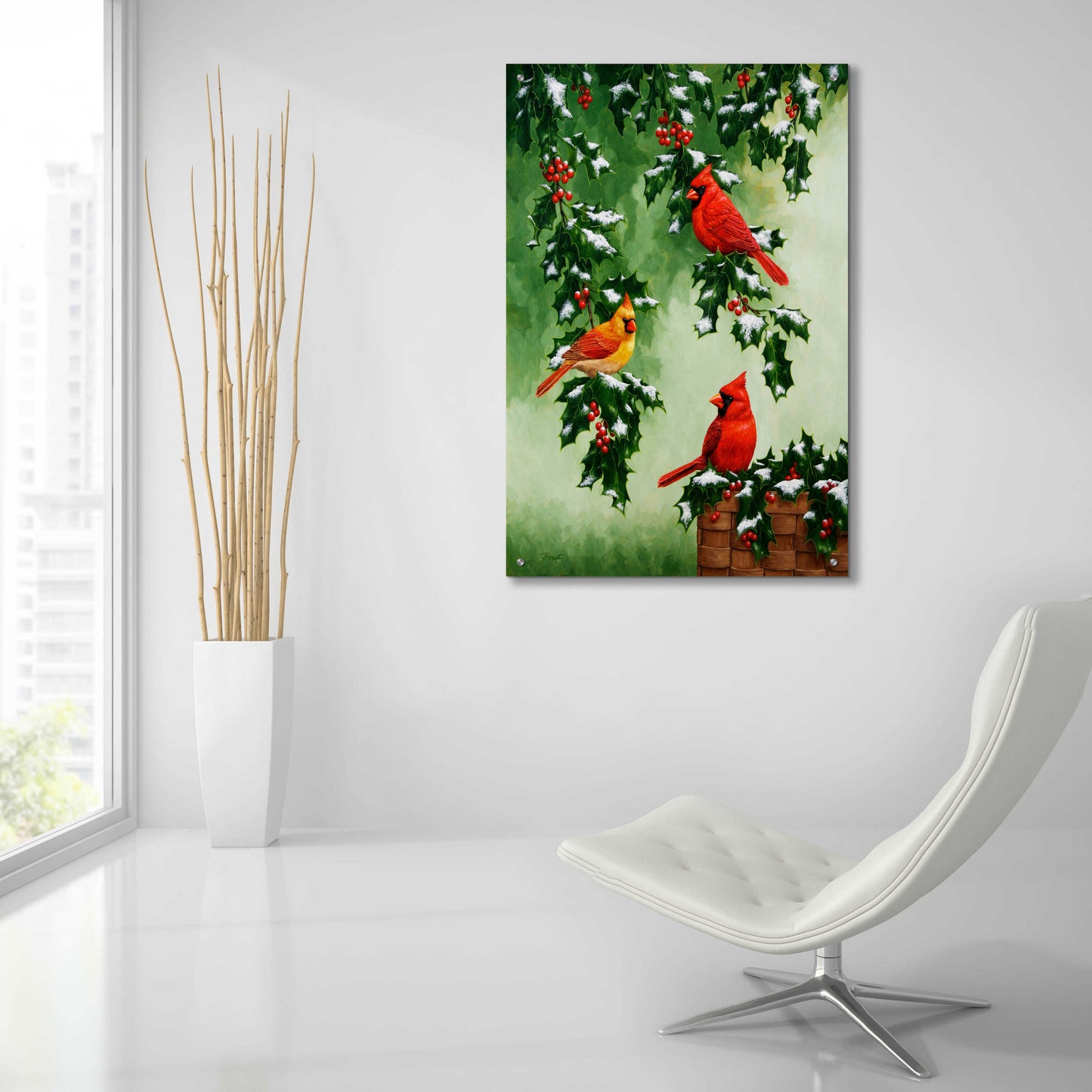 Epic Art 'Cardinals Hollies with Snow' by Crista Forest, Acrylic Glass Wall Art,24x36