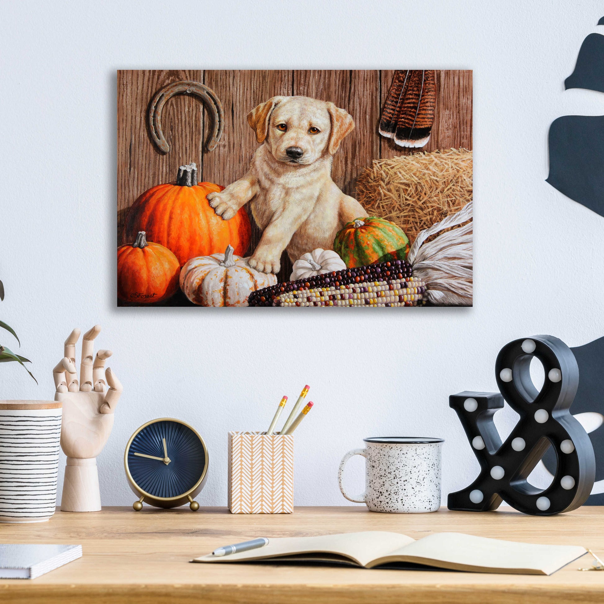 Epic Art 'Pumpkin Harvest Puppy' by Crista Forest, Acrylic Glass Wall Art,16x12