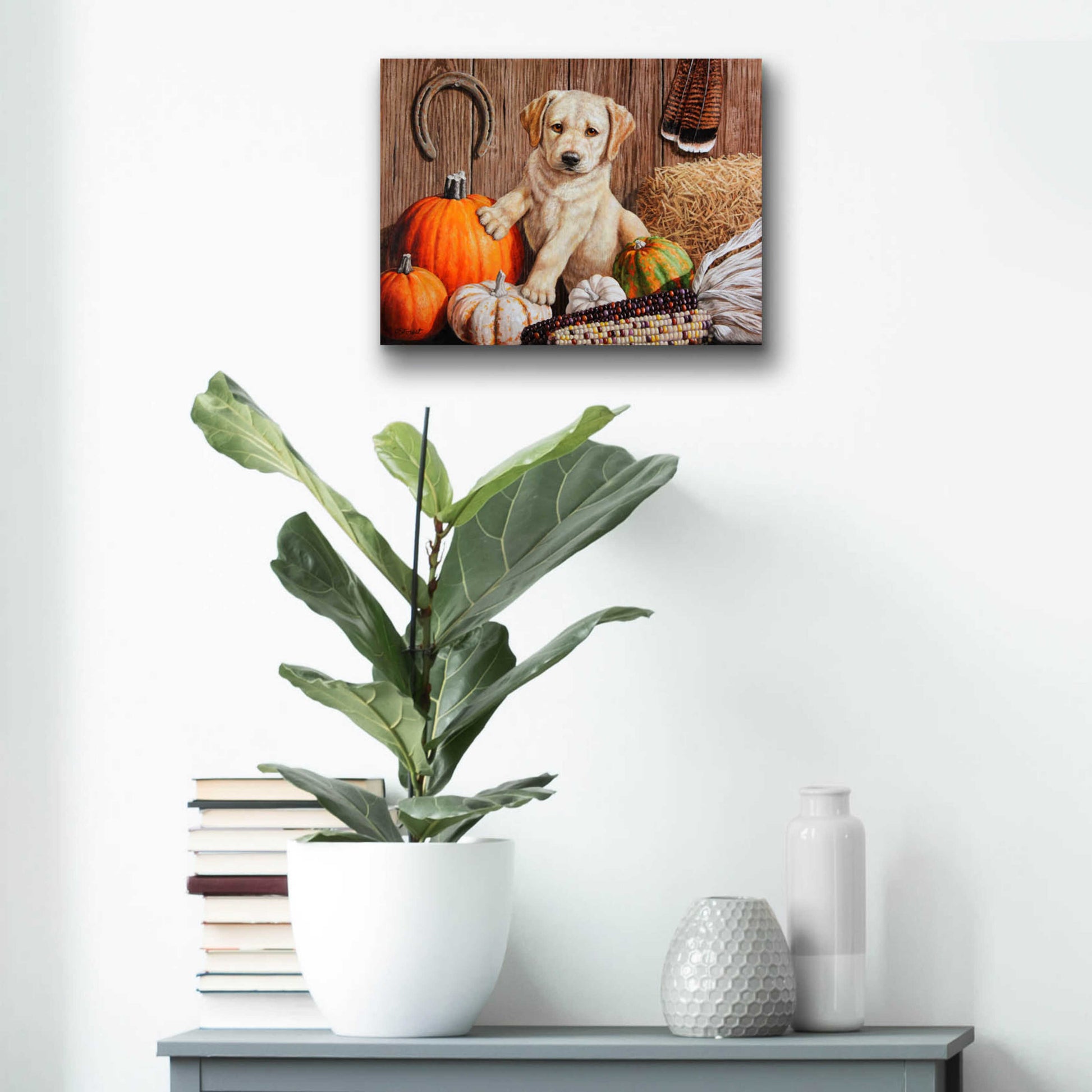 Epic Art 'Pumpkin Harvest Puppy' by Crista Forest, Acrylic Glass Wall Art,16x12