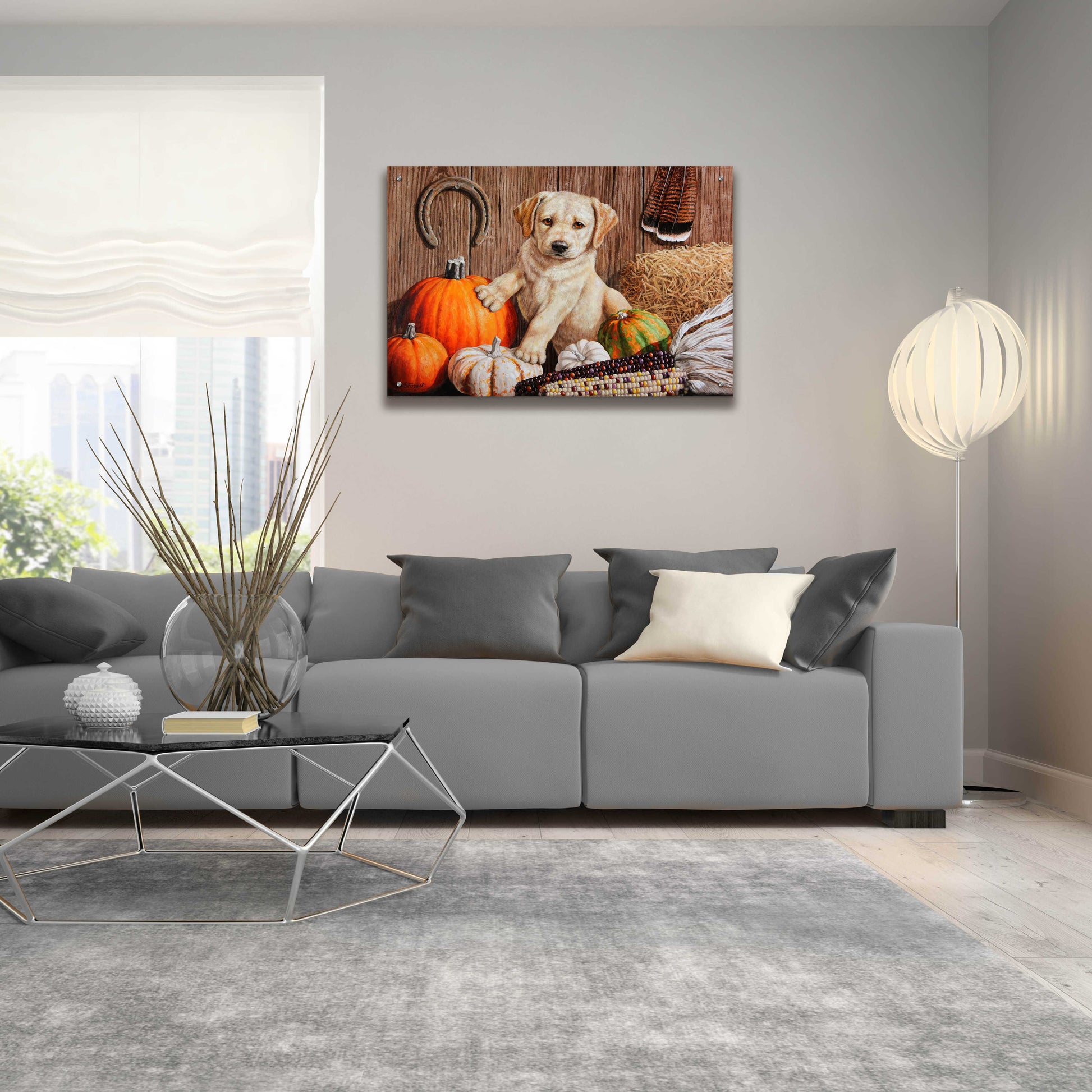 Epic Art 'Pumpkin Harvest Puppy' by Crista Forest, Acrylic Glass Wall Art,36x24