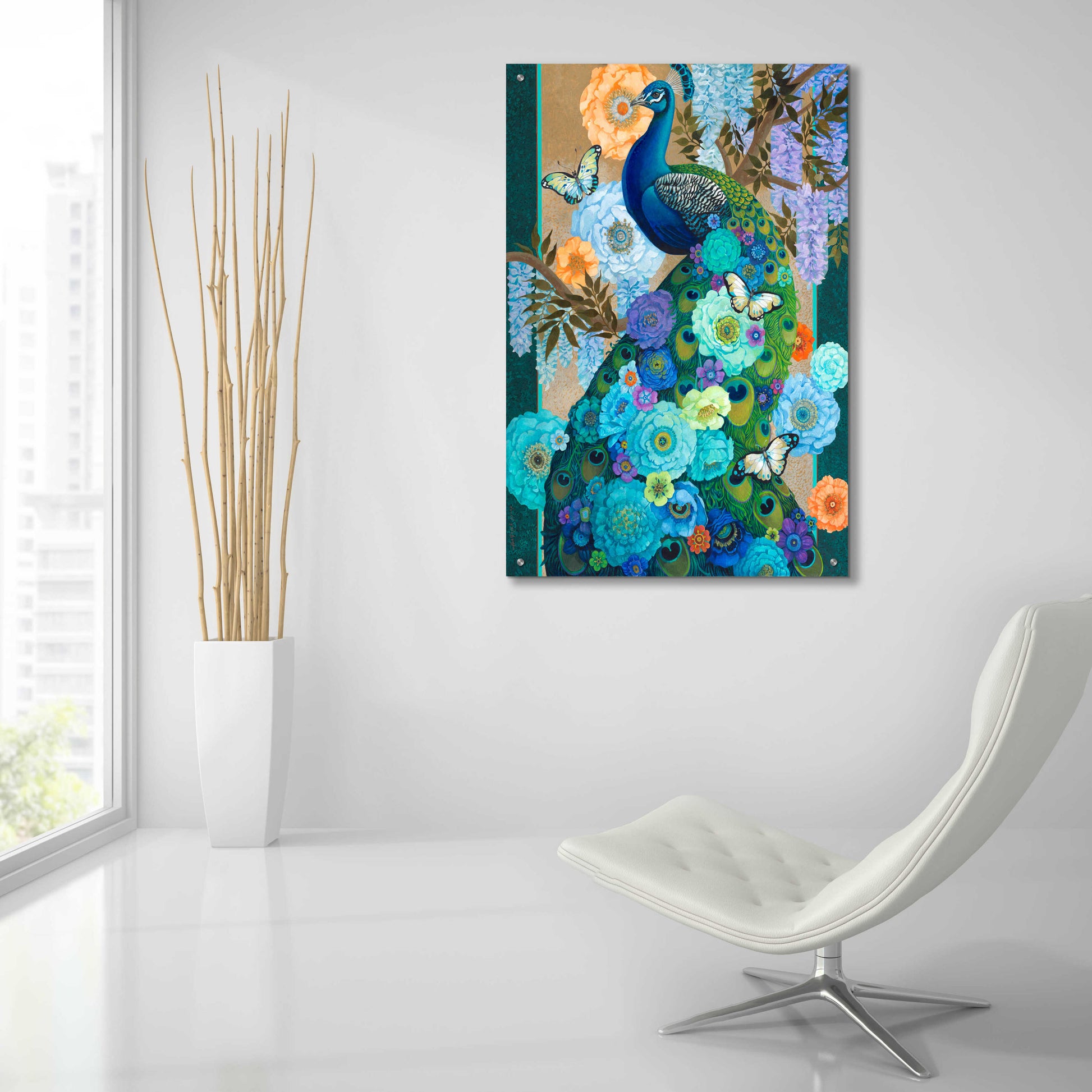 Epic Art 'Floral Peacock' by David Galchutt, Acrylic Glass Wall Art,24x36