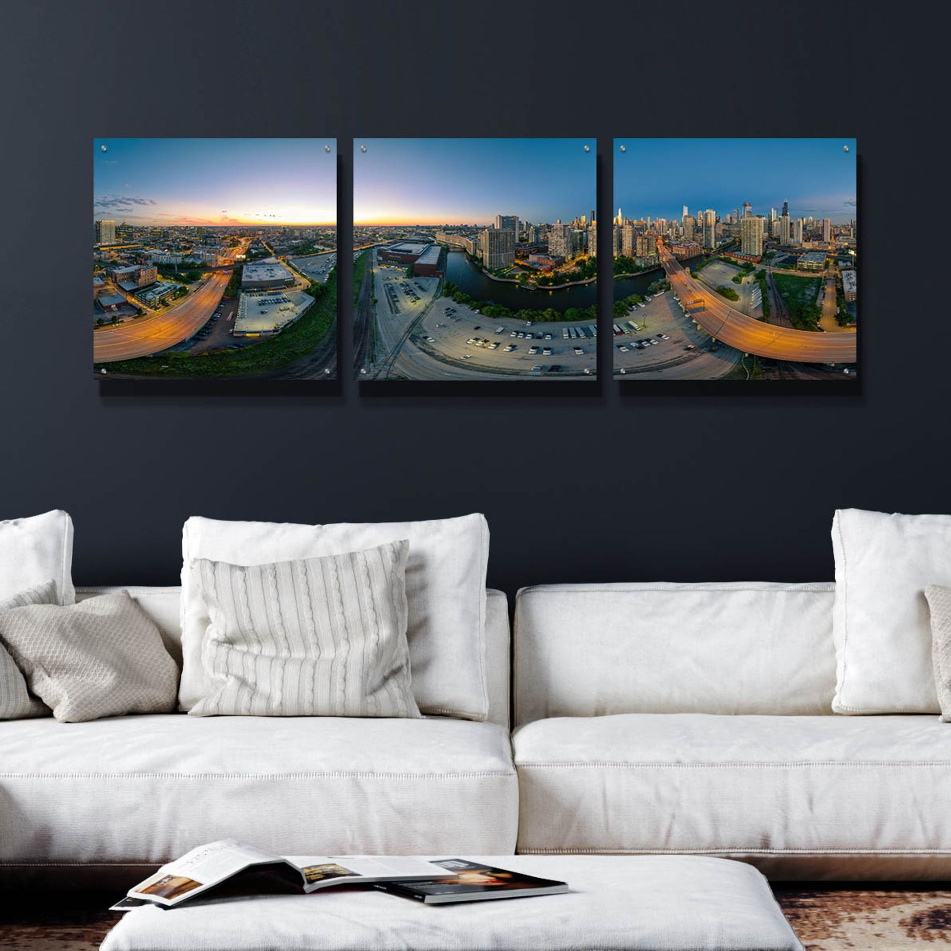 Epic Art 'Chicago Pano 21' by Epic Portfolio, Acrylic Glass Wall Art, 3 Piece Set,72x24