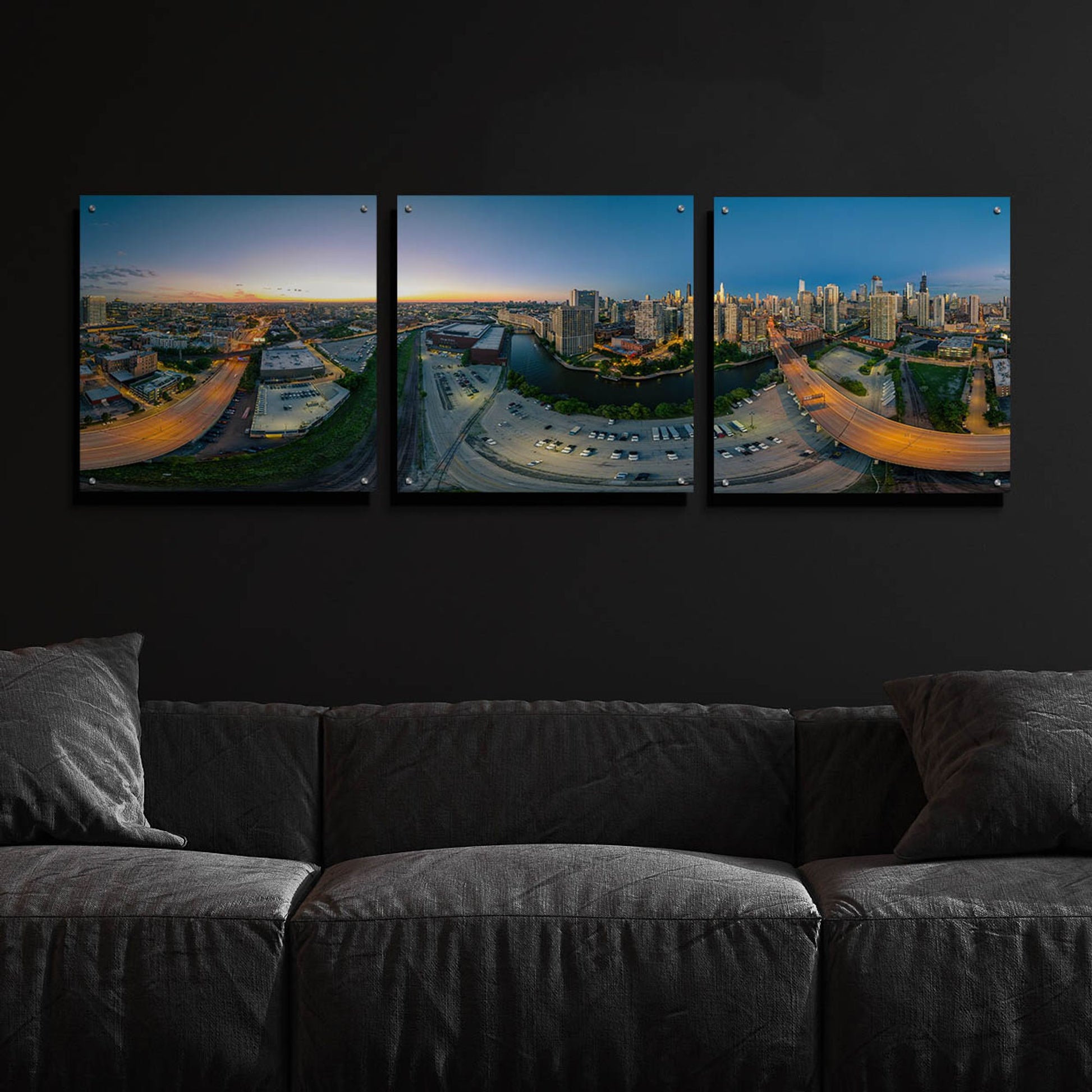 Epic Art 'Chicago Pano 21' by Epic Portfolio, Acrylic Glass Wall Art, 3 Piece Set,72x24