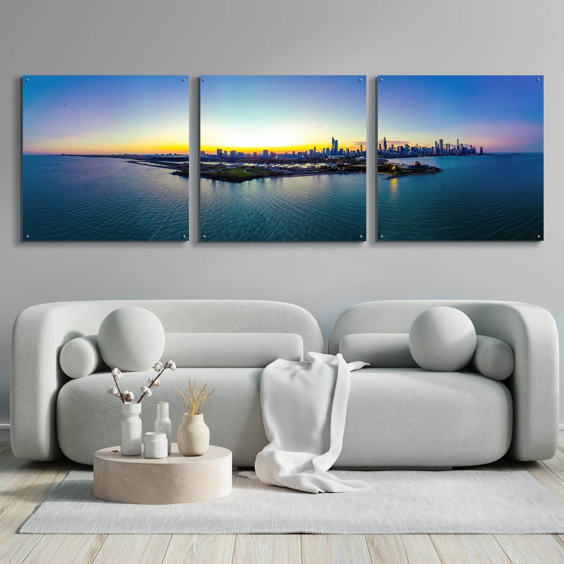 Epic Art 'Chicago - Planetarium Sunset' by Epic Portfolio, Acrylic Glass Wall Art, 3 Piece Set,108x36