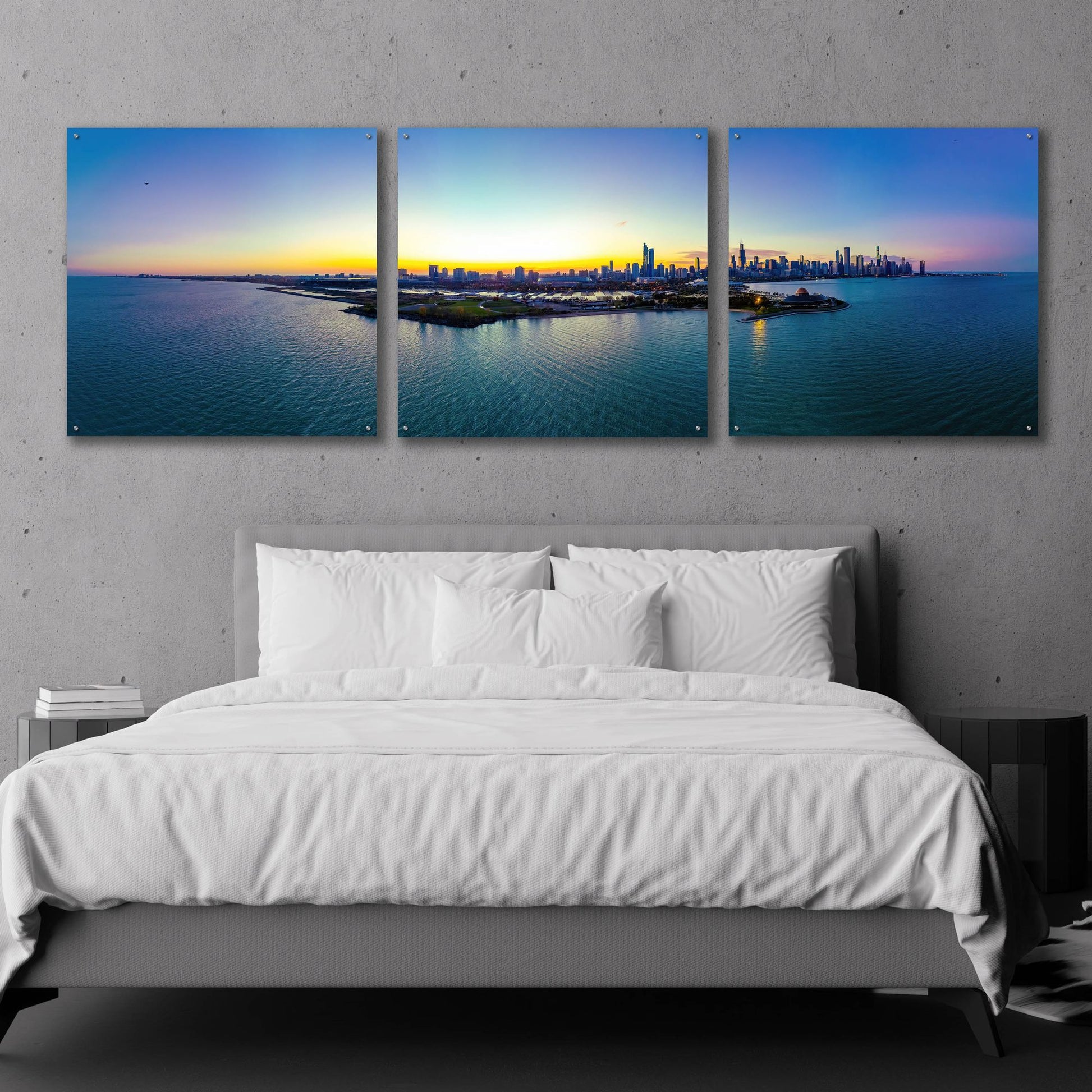 Epic Art 'Chicago - Planetarium Sunset' by Epic Portfolio, Acrylic Glass Wall Art, 3 Piece Set,108x36