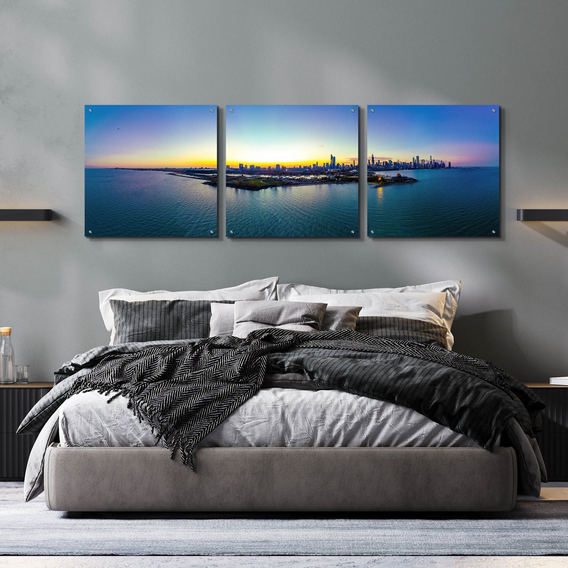 Epic Art 'Chicago - Planetarium Sunset' by Epic Portfolio, Acrylic Glass Wall Art, 3 Piece Set,72x24