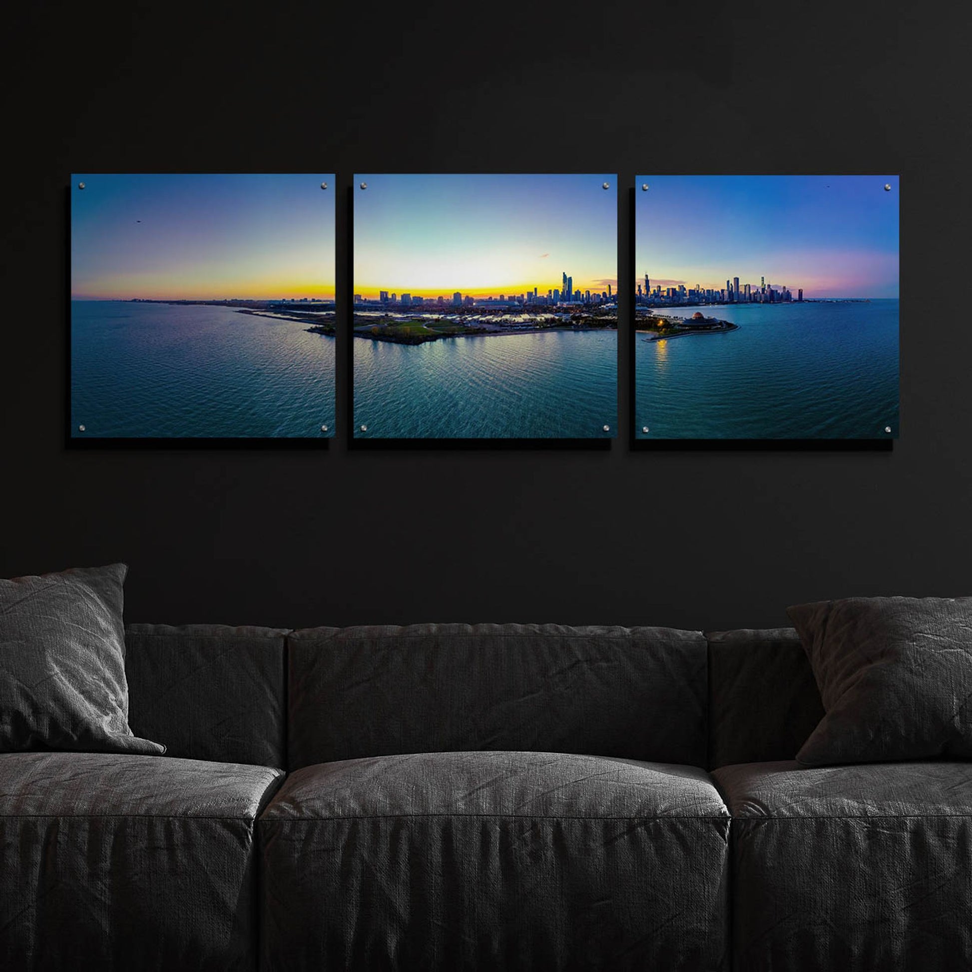 Epic Art 'Chicago - Planetarium Sunset' by Epic Portfolio, Acrylic Glass Wall Art, 3 Piece Set,72x24