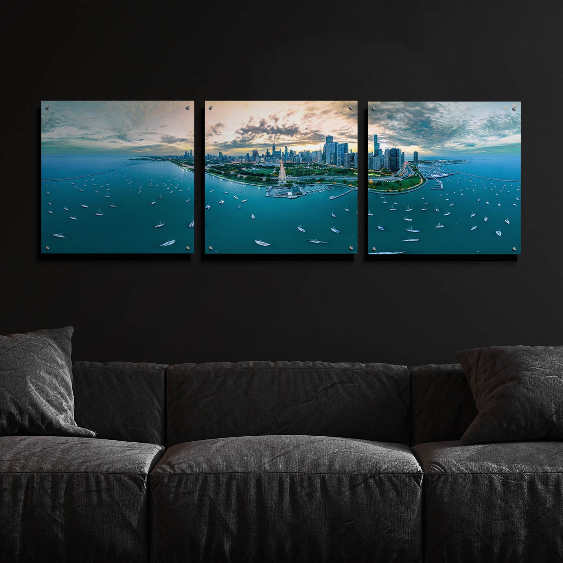 Epic Art 'Chicago - Fall Dusk' by Epic Portfolio, Acrylic Glass Wall Art, 3 Piece Set,72x24