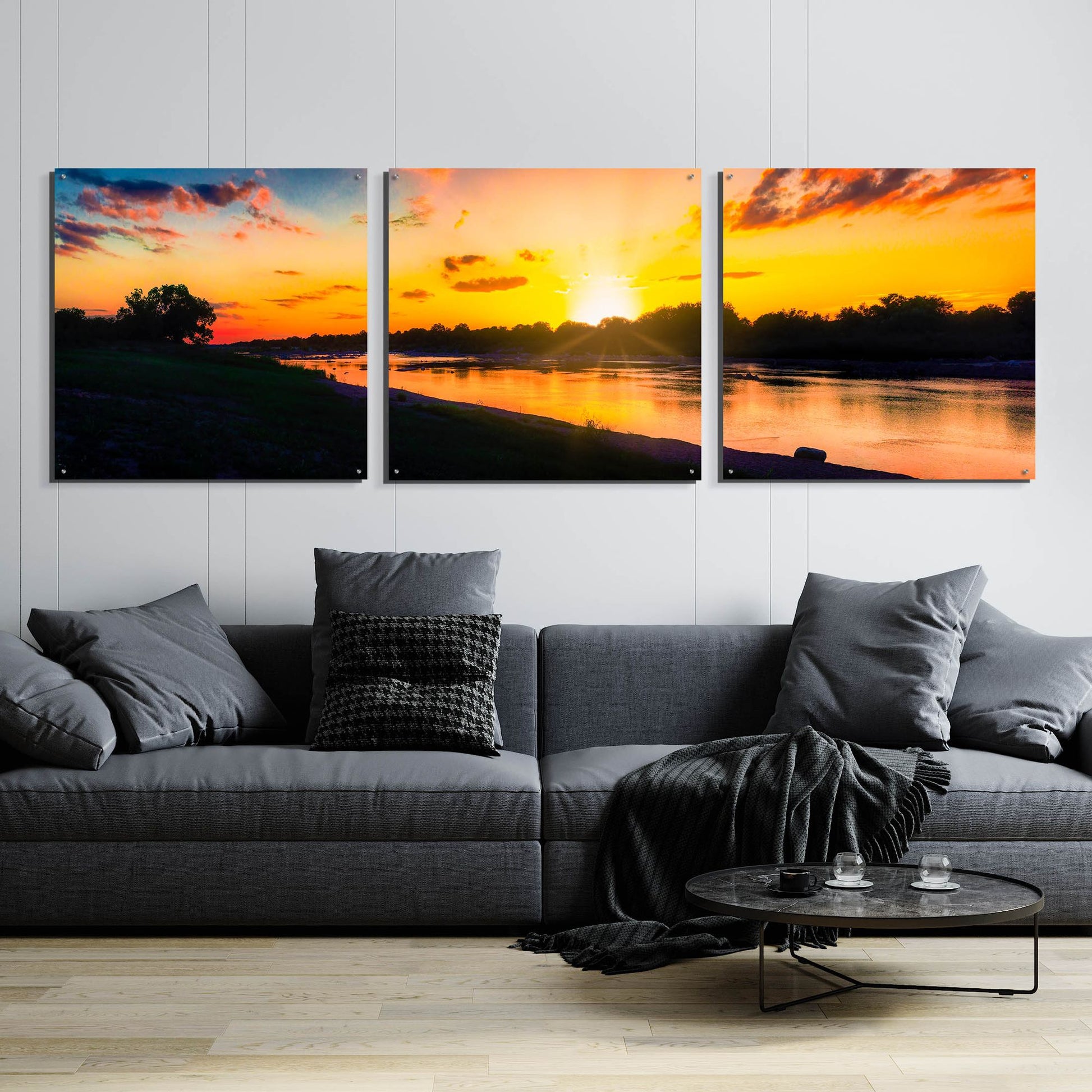 Epic Art 'Llano River Sunset' by Grace Fine Arts Photography, Acrylic Glass Wall Art, 3 Piece Set,108x36