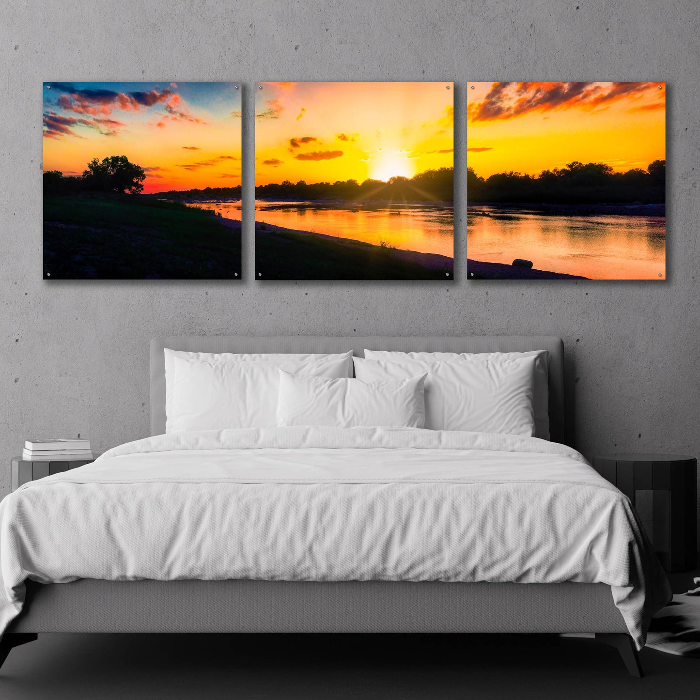 Epic Art 'Llano River Sunset' by Grace Fine Arts Photography, Acrylic Glass Wall Art, 3 Piece Set,108x36