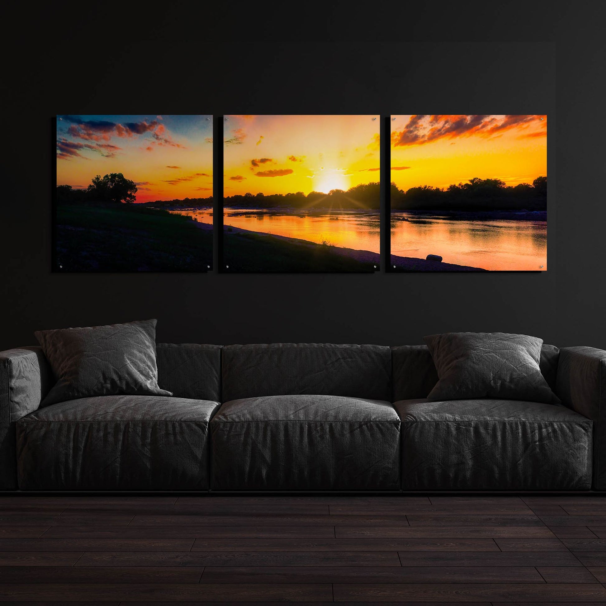 Epic Art 'Llano River Sunset' by Grace Fine Arts Photography, Acrylic Glass Wall Art, 3 Piece Set,108x36