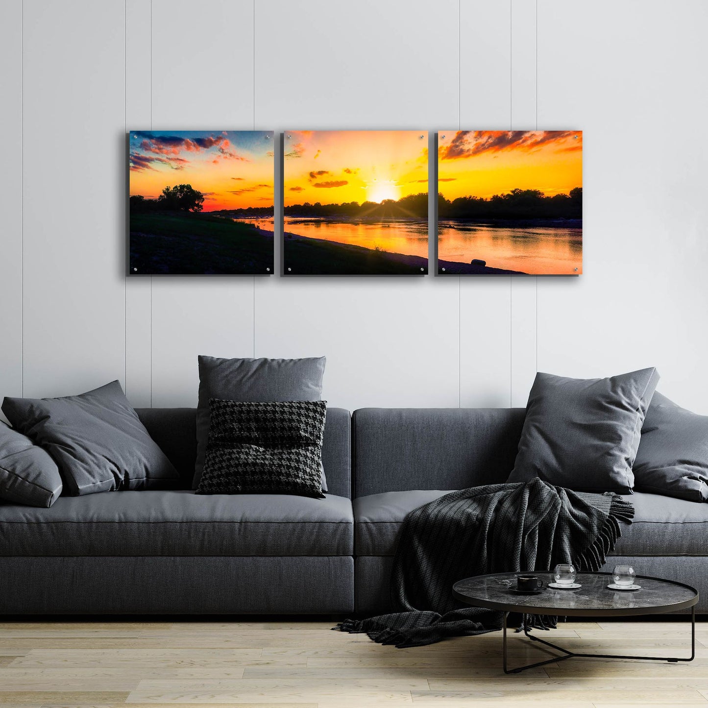 Epic Art 'Llano River Sunset' by Grace Fine Arts Photography, Acrylic Glass Wall Art, 3 Piece Set,72x24