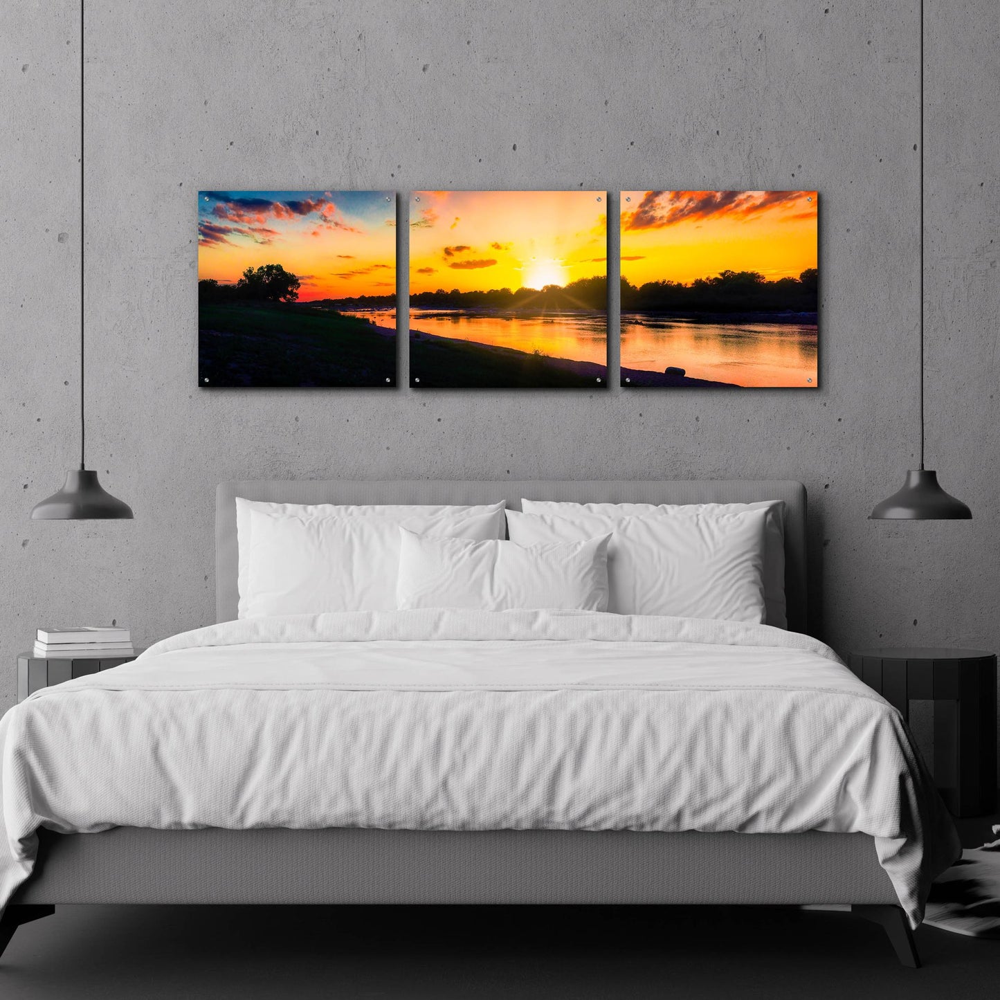 Epic Art 'Llano River Sunset' by Grace Fine Arts Photography, Acrylic Glass Wall Art, 3 Piece Set,72x24