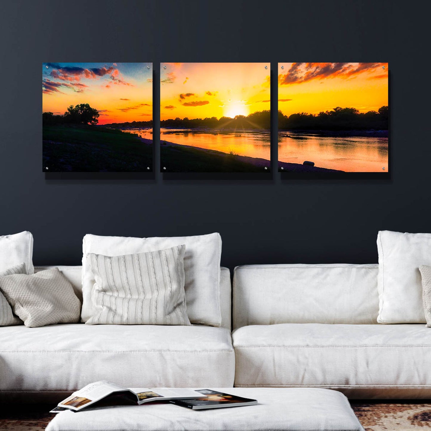 Epic Art 'Llano River Sunset' by Grace Fine Arts Photography, Acrylic Glass Wall Art, 3 Piece Set,72x24