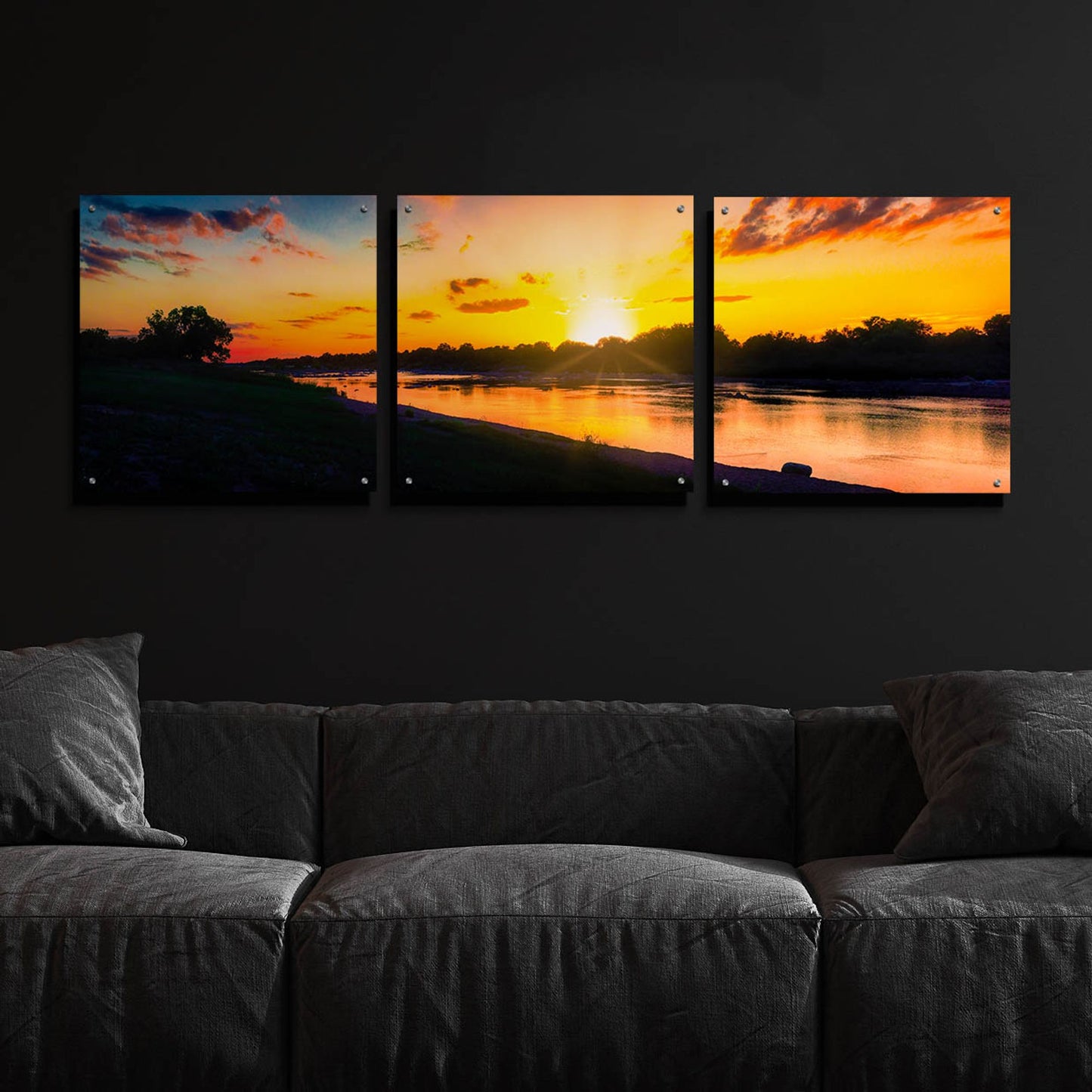 Epic Art 'Llano River Sunset' by Grace Fine Arts Photography, Acrylic Glass Wall Art, 3 Piece Set,72x24