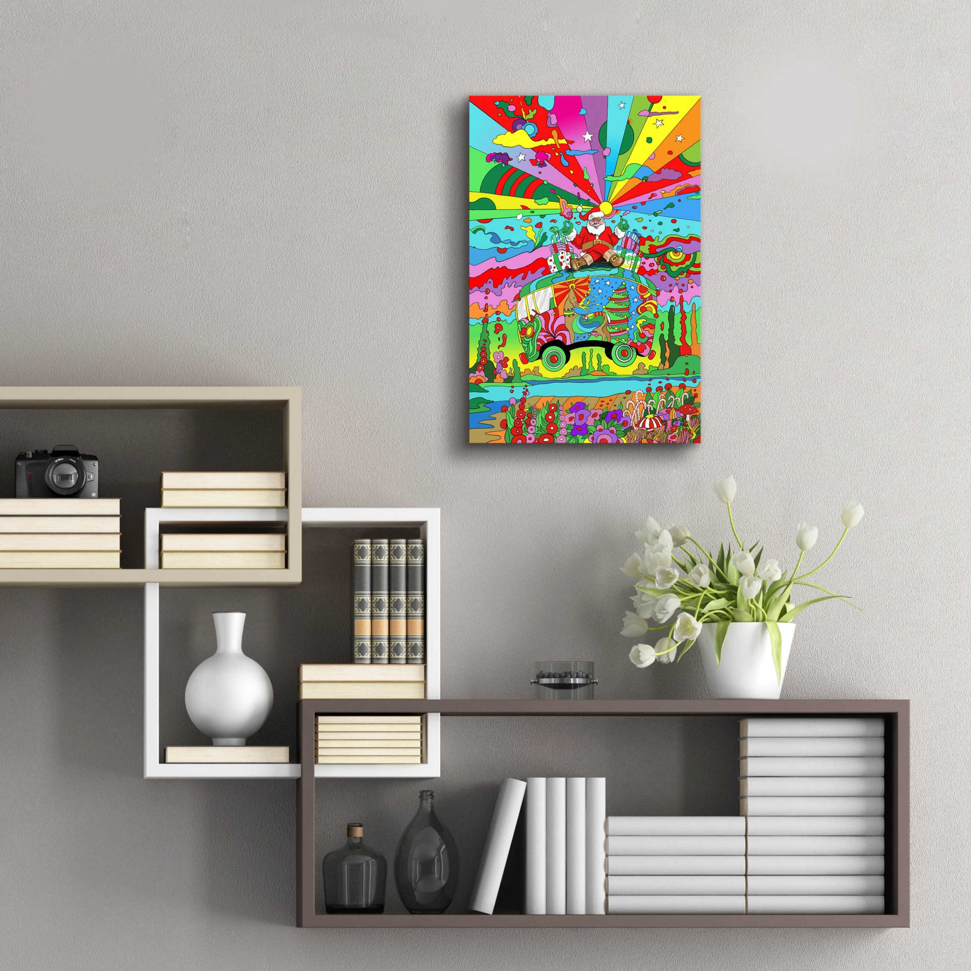 Epic Art 'Santa Hippie Bus' by Howie Green, Acrylic Glass Wall Art,16x24