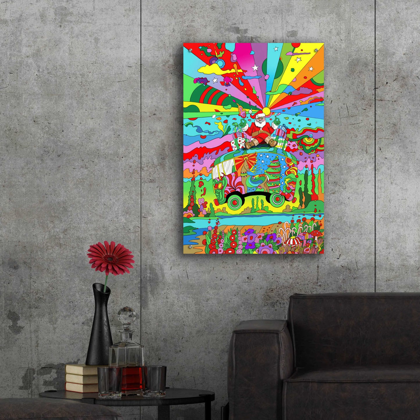 Epic Art 'Santa Hippie Bus' by Howie Green, Acrylic Glass Wall Art,24x36