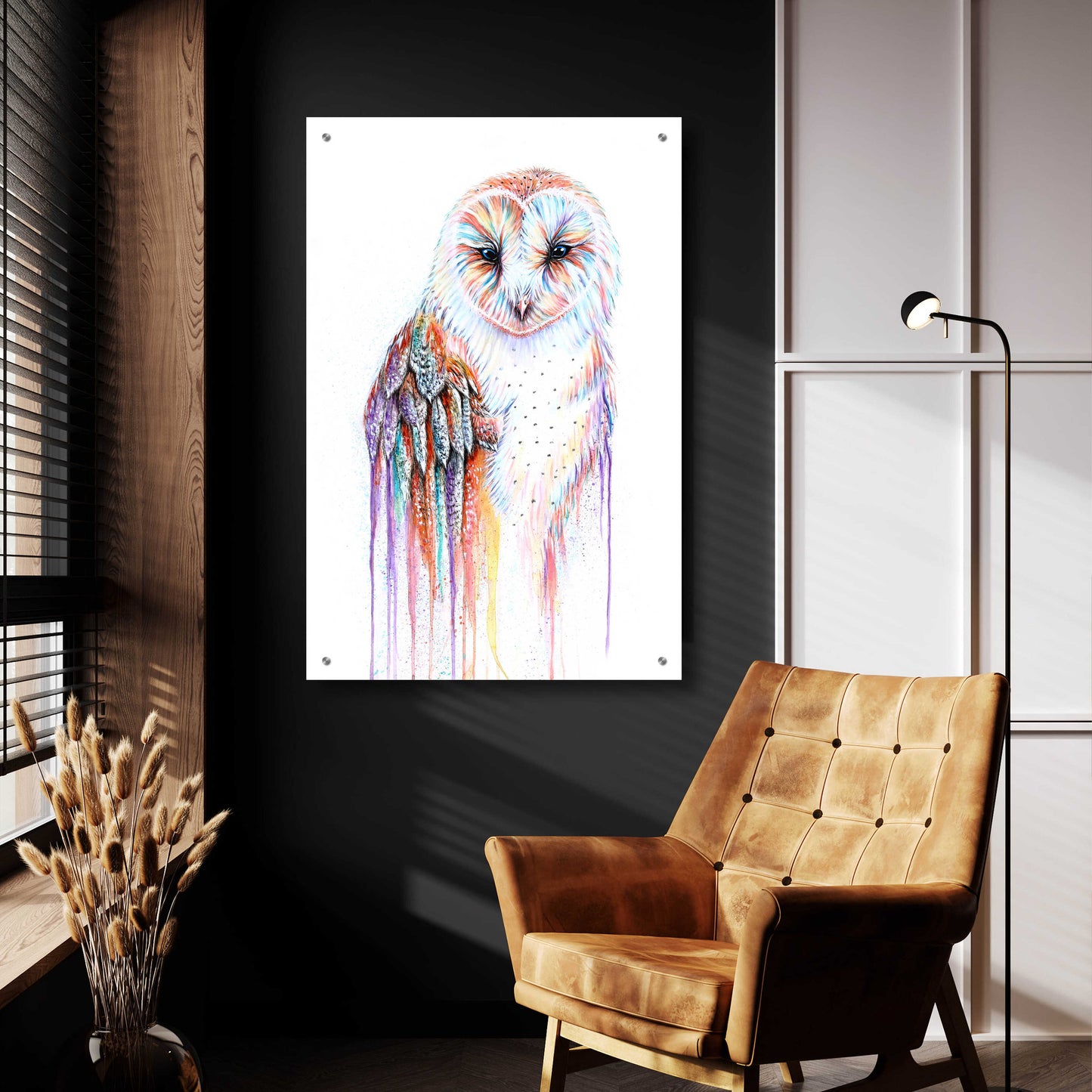 Epic Art 'Barred Rainbow Owl' by Michelle Faber, Acrylic Glass Wall Art,24x36