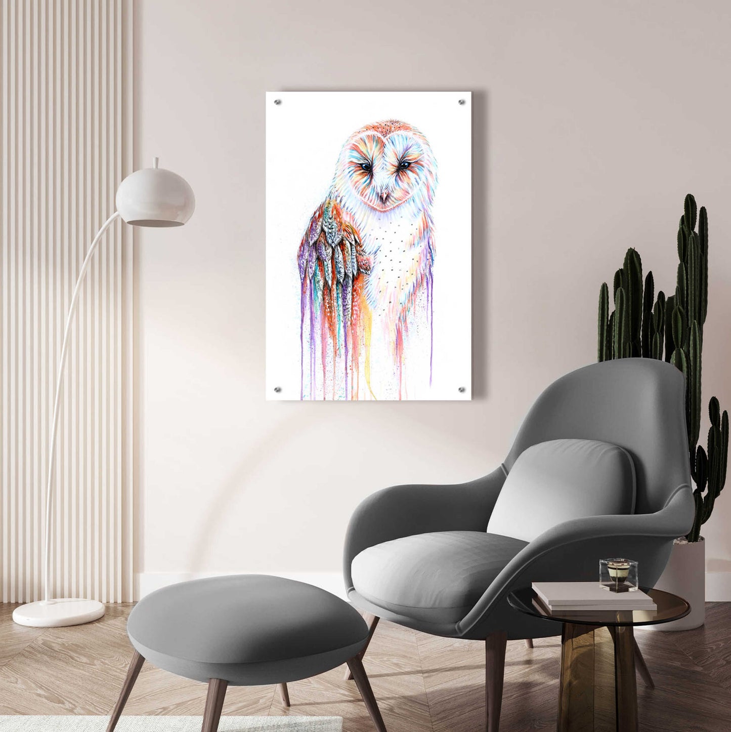 Epic Art 'Barred Rainbow Owl' by Michelle Faber, Acrylic Glass Wall Art,24x36