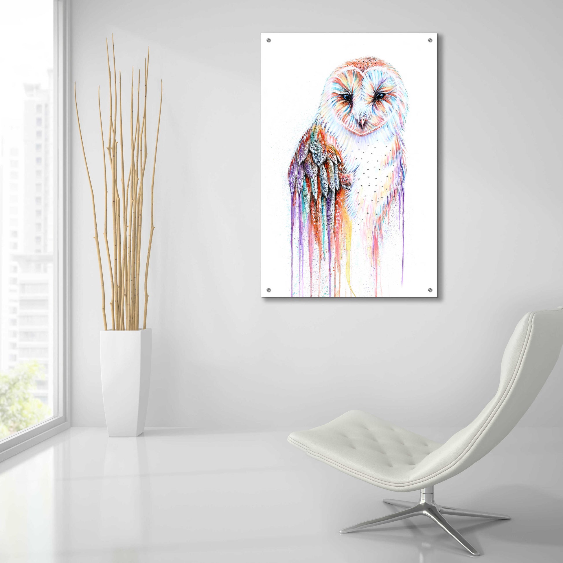 Epic Art 'Barred Rainbow Owl' by Michelle Faber, Acrylic Glass Wall Art,24x36