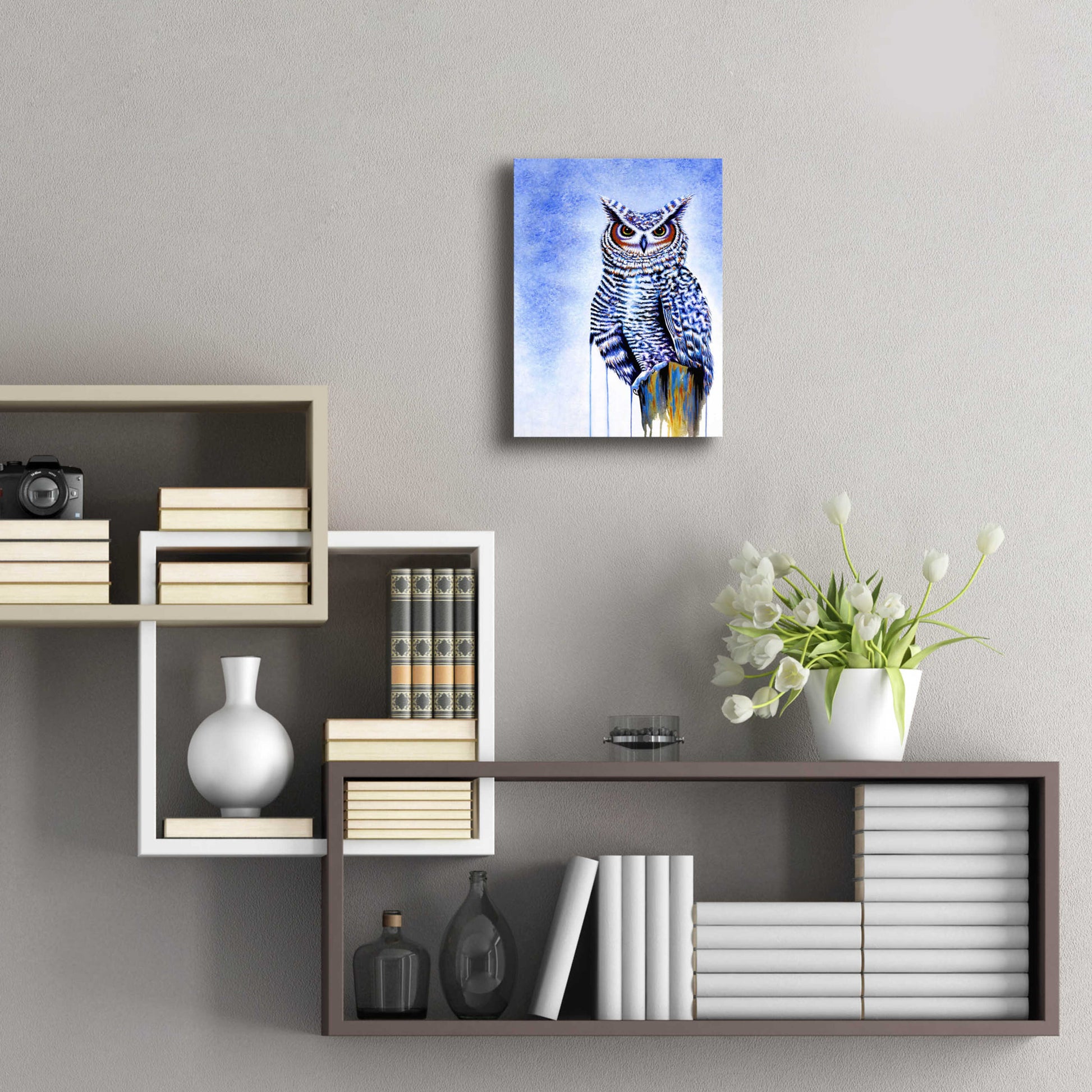 Epic Art 'Great Horned Owl In Blue' by Michelle Faber, Acrylic Glass Wall Art,12x16