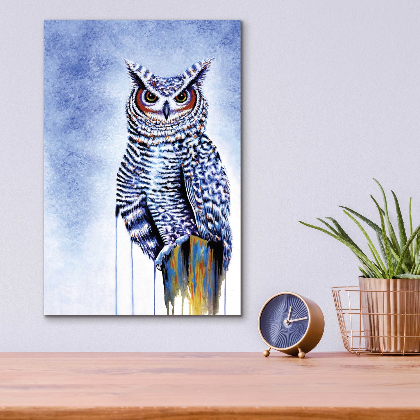 Epic Art 'Great Horned Owl In Blue' by Michelle Faber, Acrylic Glass Wall Art,12x16