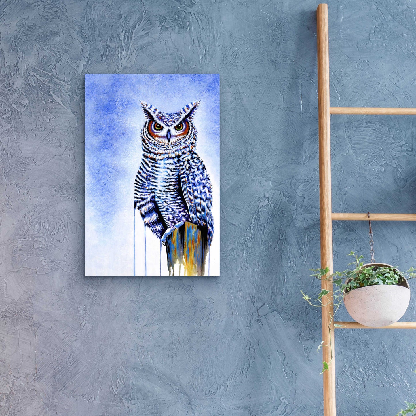 Epic Art 'Great Horned Owl In Blue' by Michelle Faber, Acrylic Glass Wall Art,16x24