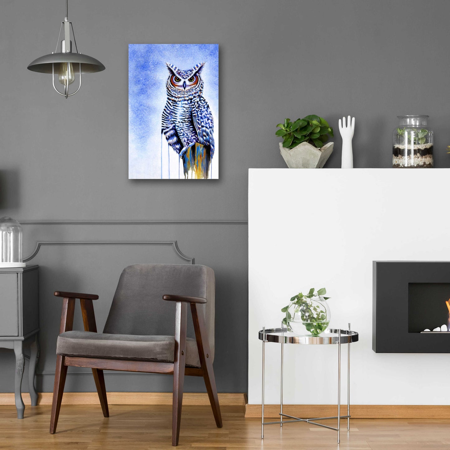 Epic Art 'Great Horned Owl In Blue' by Michelle Faber, Acrylic Glass Wall Art,16x24