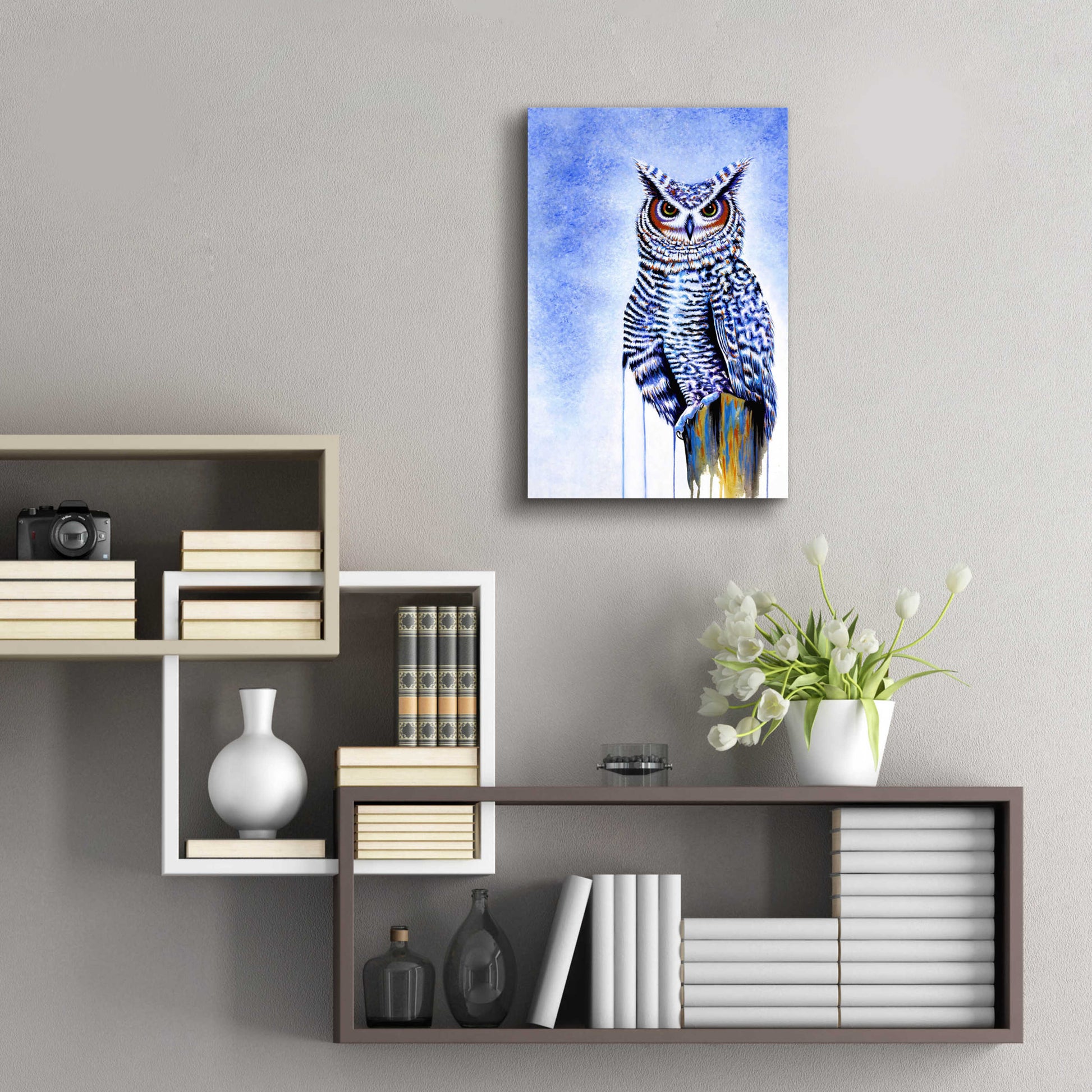 Epic Art 'Great Horned Owl In Blue' by Michelle Faber, Acrylic Glass Wall Art,16x24