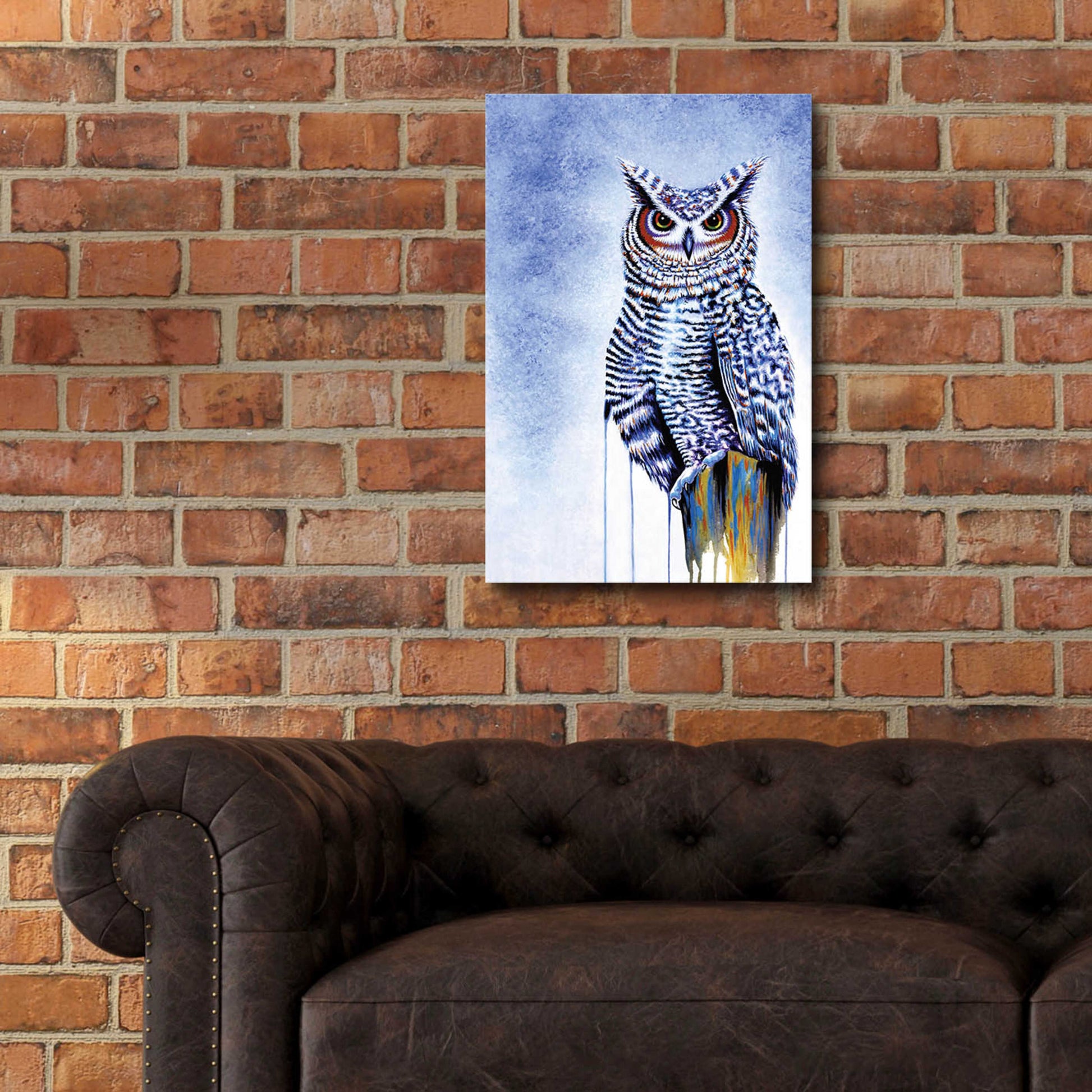 Epic Art 'Great Horned Owl In Blue' by Michelle Faber, Acrylic Glass Wall Art,16x24