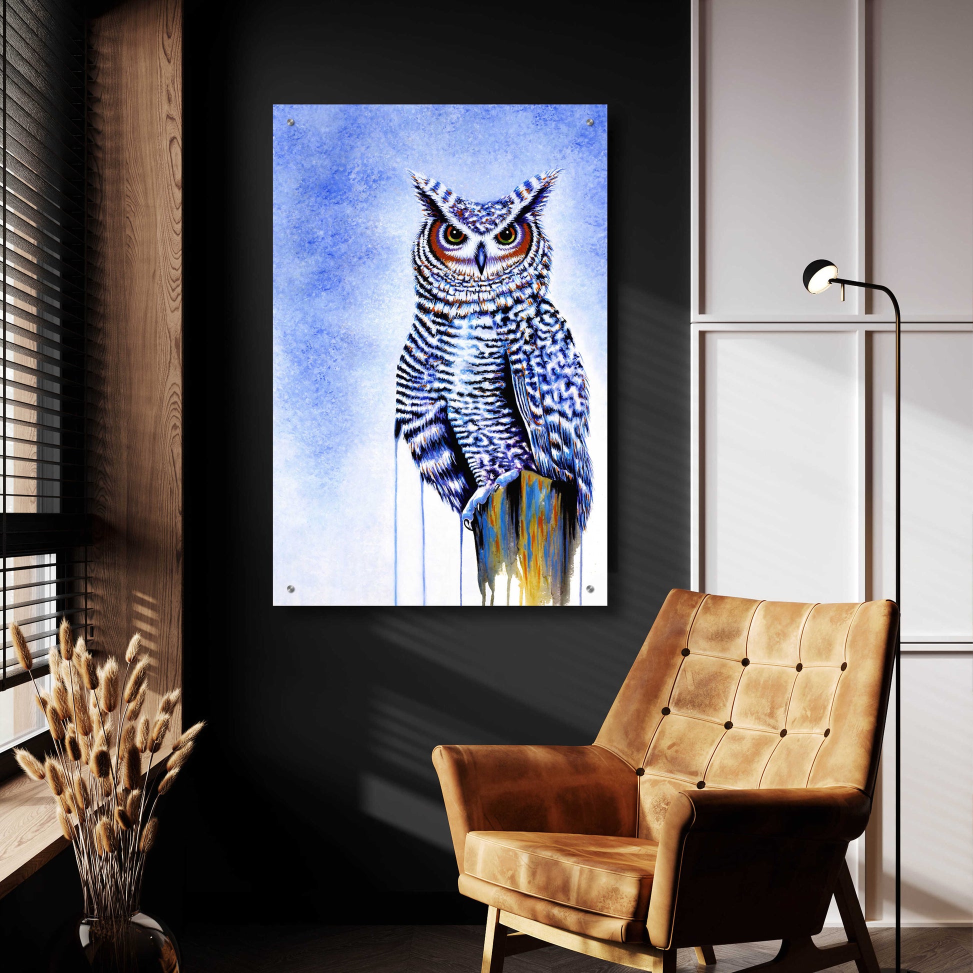 Epic Art 'Great Horned Owl In Blue' by Michelle Faber, Acrylic Glass Wall Art,24x36