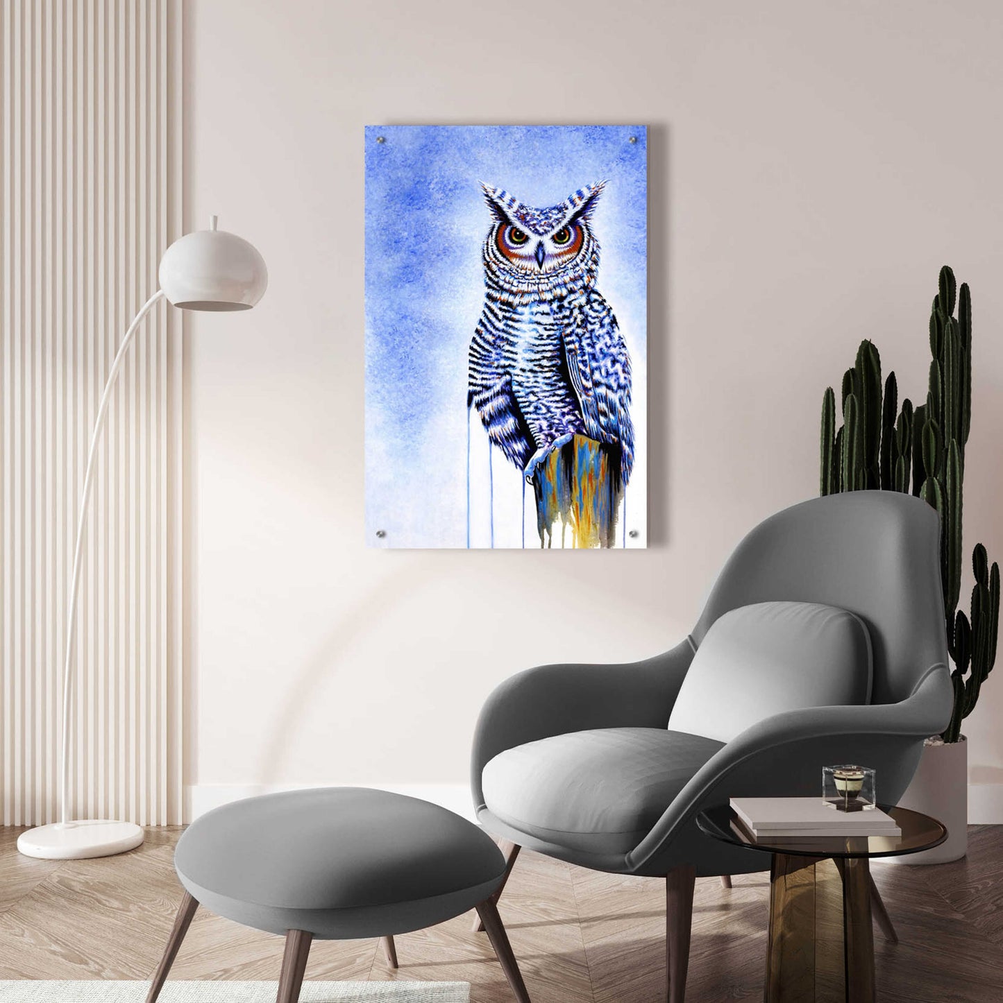 Epic Art 'Great Horned Owl In Blue' by Michelle Faber, Acrylic Glass Wall Art,24x36