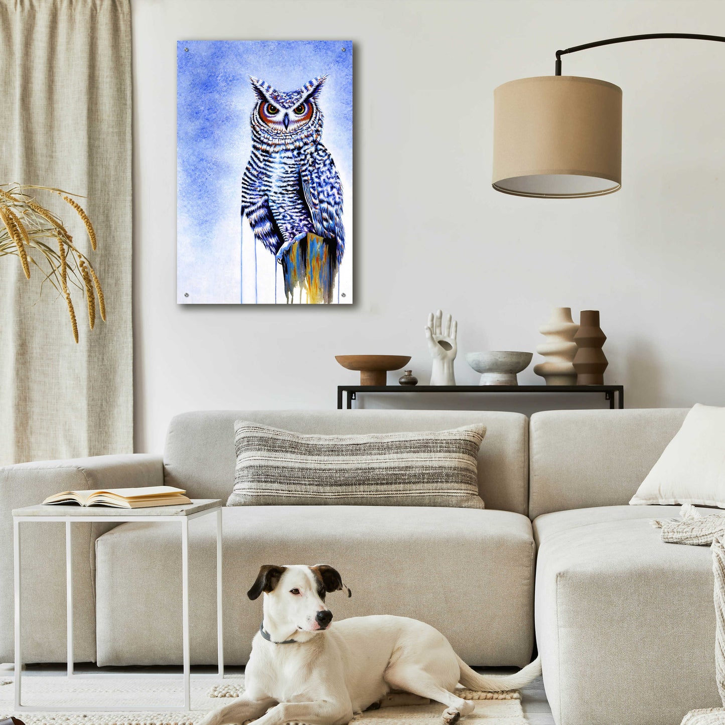 Epic Art 'Great Horned Owl In Blue' by Michelle Faber, Acrylic Glass Wall Art,24x36