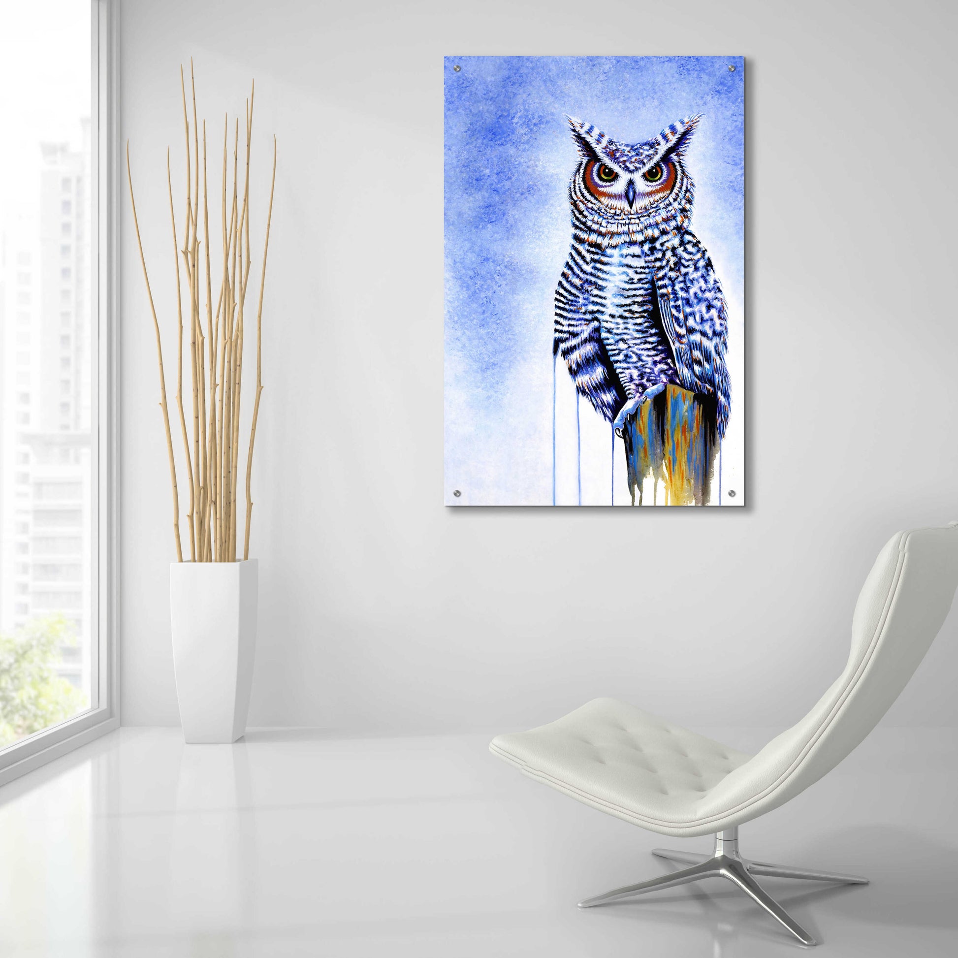 Epic Art 'Great Horned Owl In Blue' by Michelle Faber, Acrylic Glass Wall Art,24x36