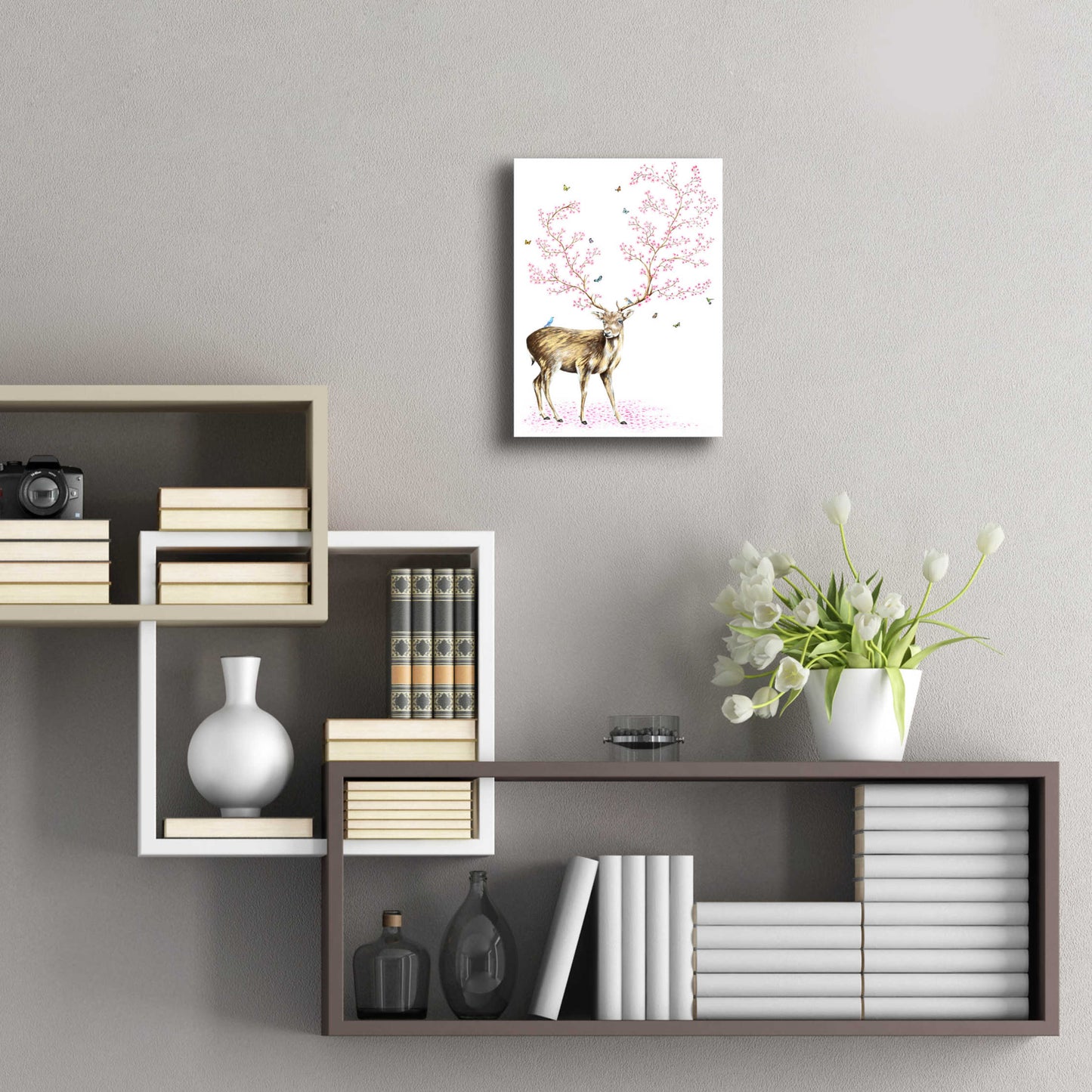 Epic Art 'Cherry Blossom Deer' by Michelle Faber, Acrylic Glass Wall Art,12x16