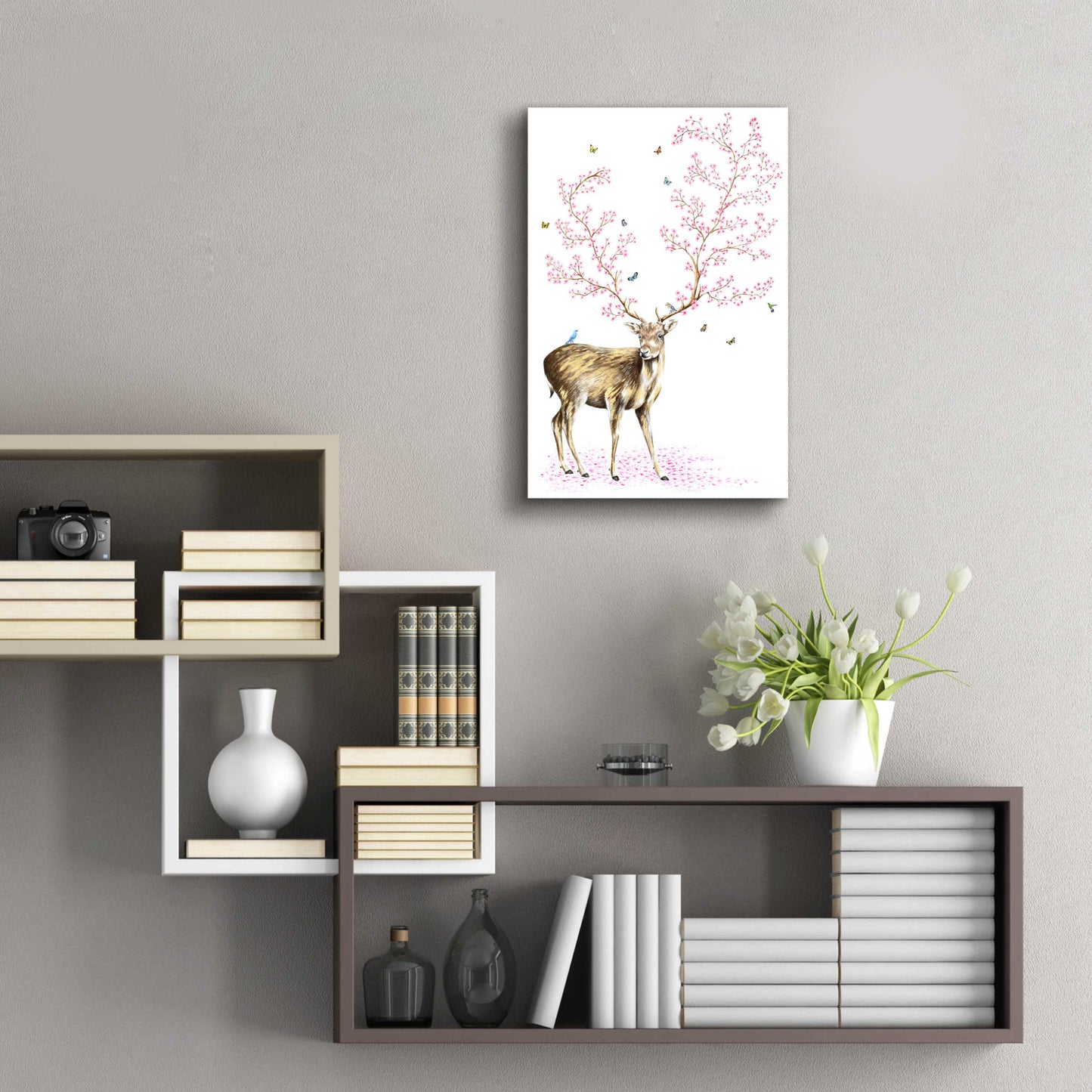 Epic Art 'Cherry Blossom Deer' by Michelle Faber, Acrylic Glass Wall Art,16x24