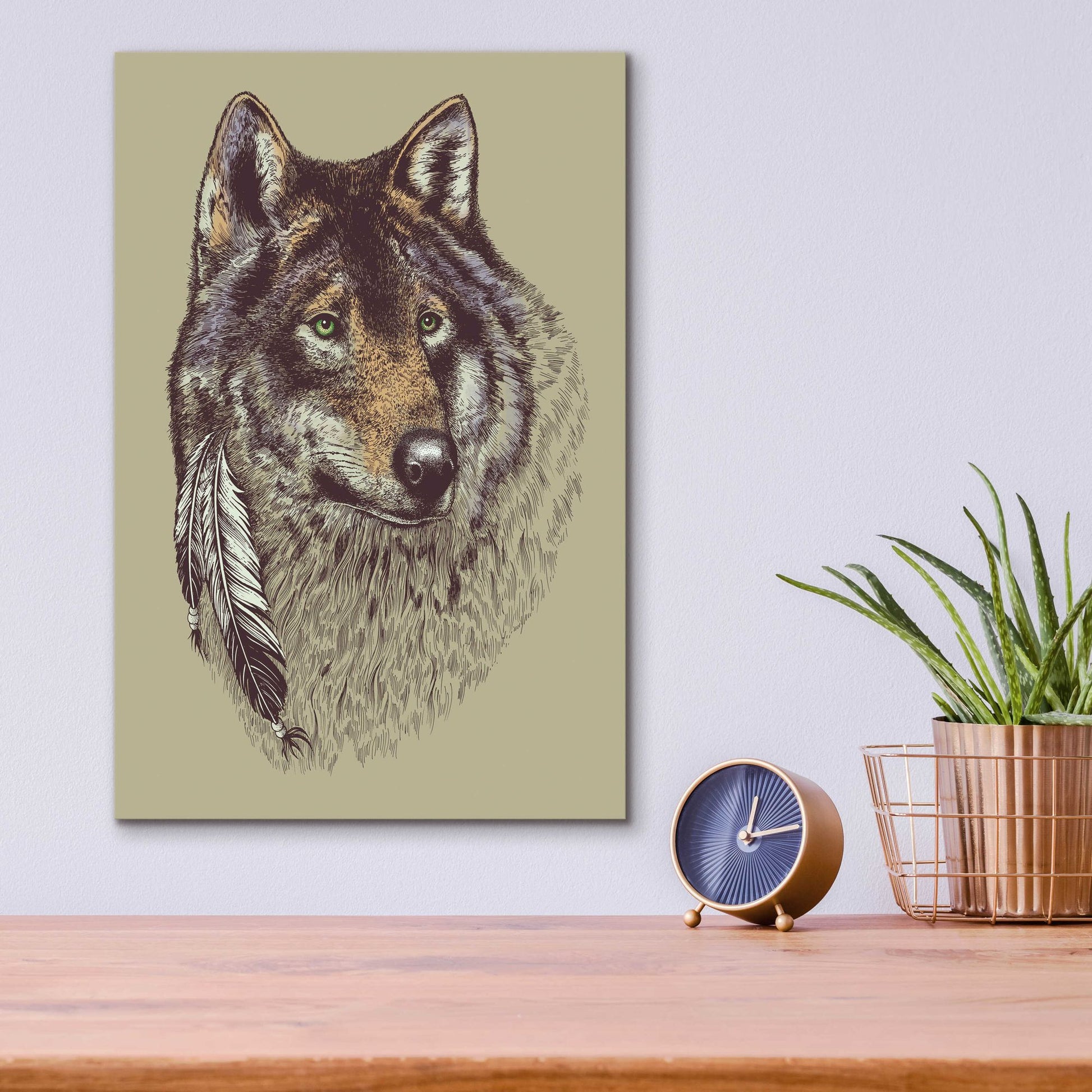 Epic Art 'Wolf and Feathers' by Rachel Caldwell, Acrylic Glass Wall Art,12x16