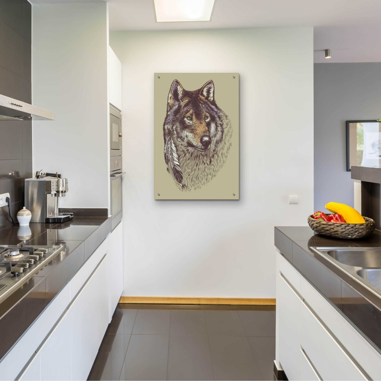 Epic Art 'Wolf and Feathers' by Rachel Caldwell, Acrylic Glass Wall Art,24x36