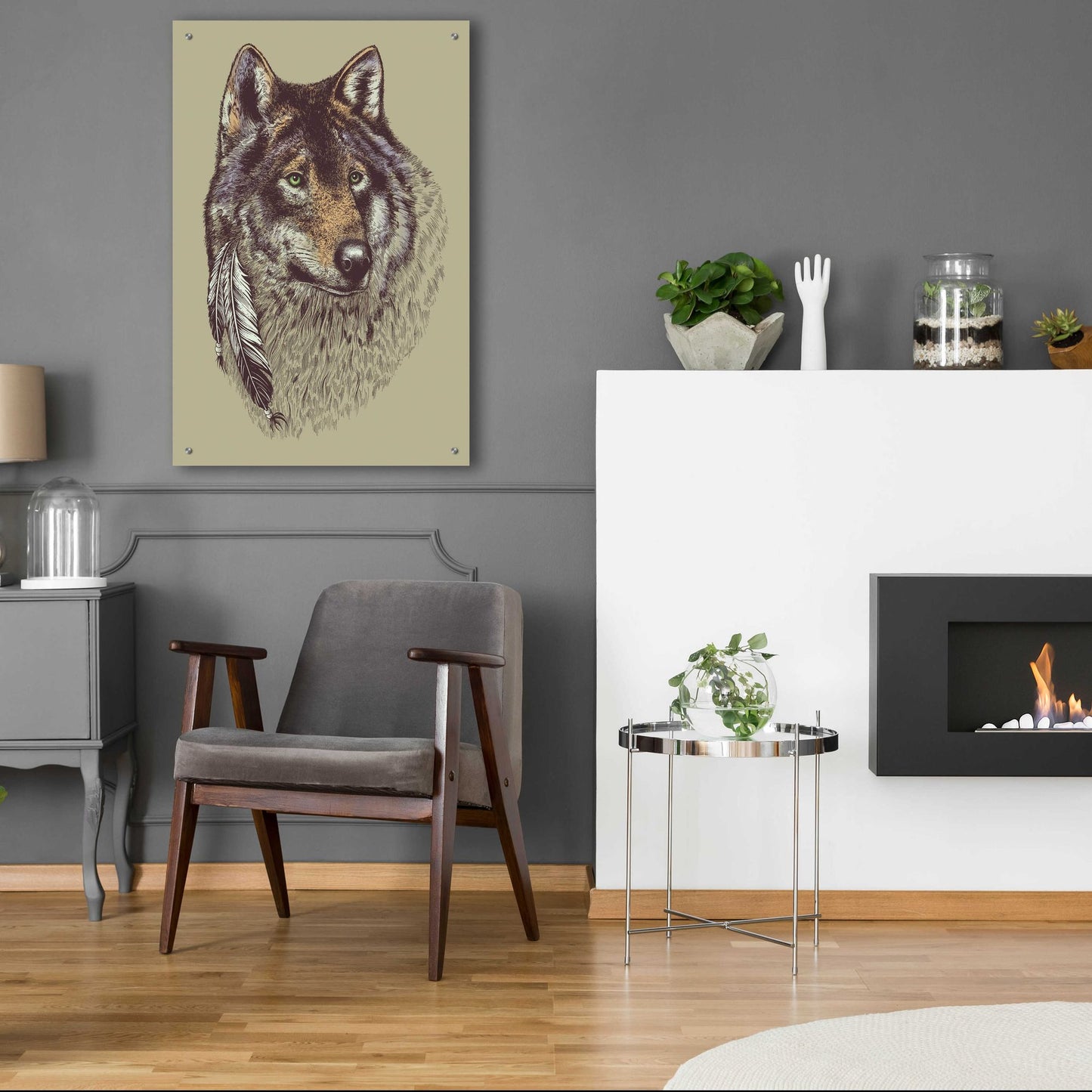 Epic Art 'Wolf and Feathers' by Rachel Caldwell, Acrylic Glass Wall Art,24x36