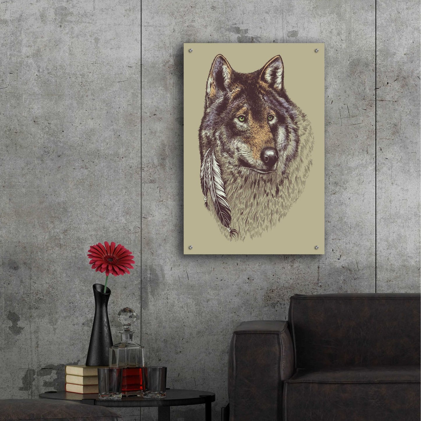 Epic Art 'Wolf and Feathers' by Rachel Caldwell, Acrylic Glass Wall Art,24x36