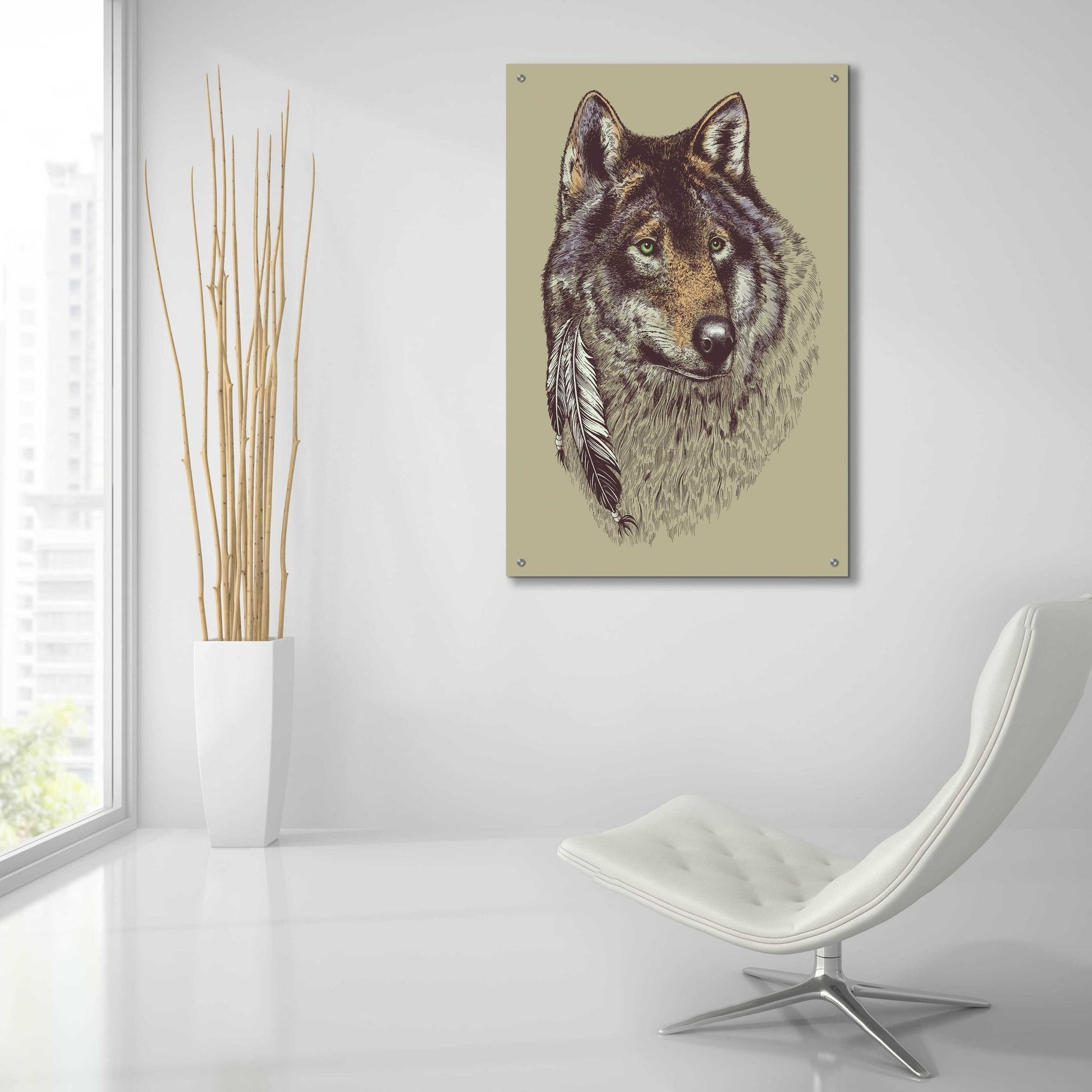 Epic Art 'Wolf and Feathers' by Rachel Caldwell, Acrylic Glass Wall Art,24x36