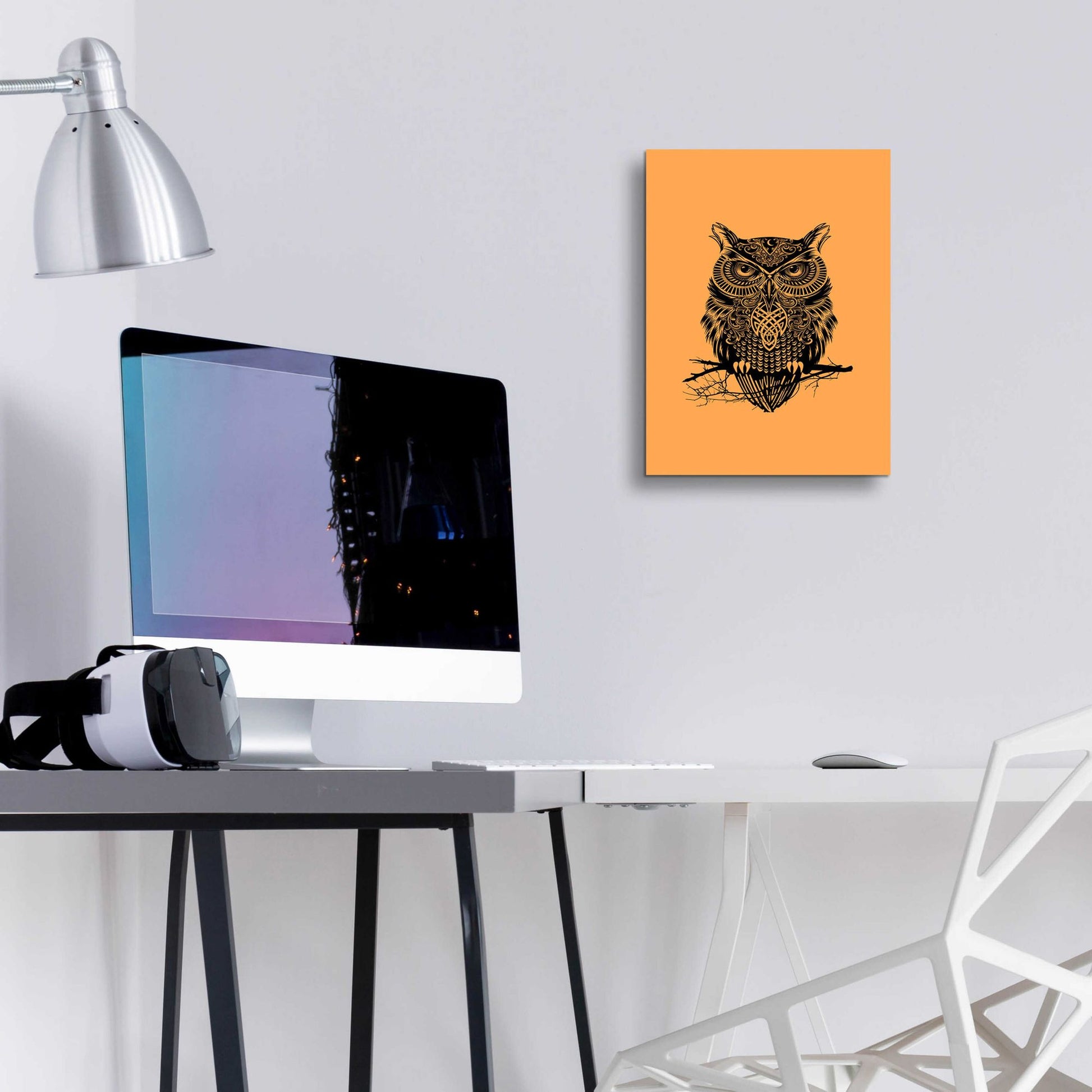 Epic Art 'Warrior Owl On Orange' by Rachel Caldwell, Acrylic Glass Wall Art,12x16