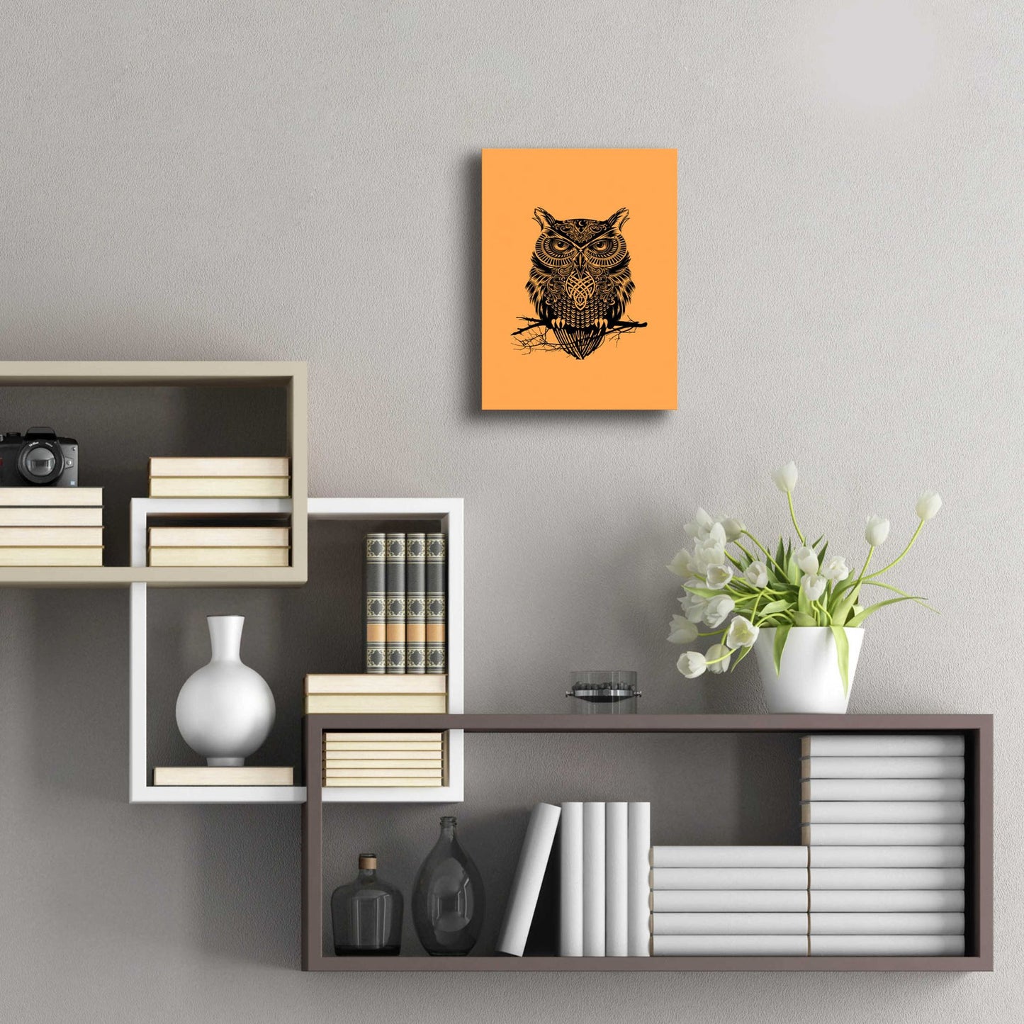 Epic Art 'Warrior Owl On Orange' by Rachel Caldwell, Acrylic Glass Wall Art,12x16