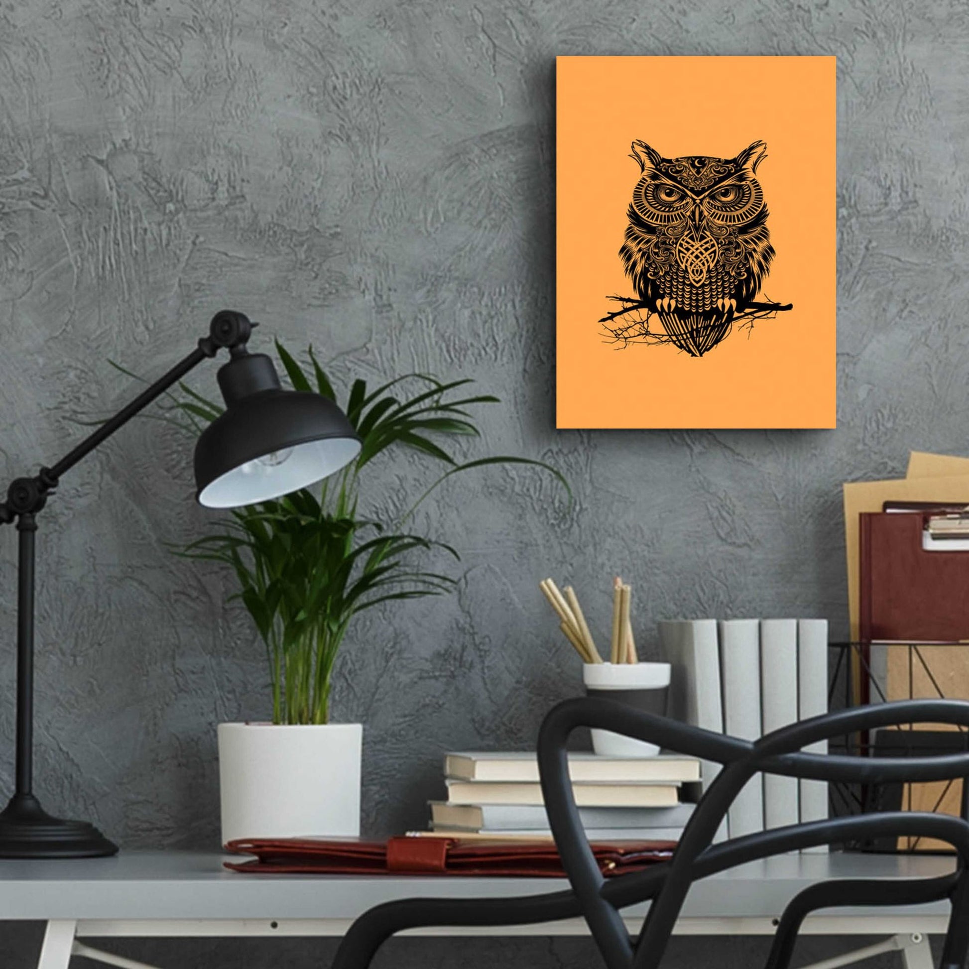 Epic Art 'Warrior Owl On Orange' by Rachel Caldwell, Acrylic Glass Wall Art,12x16